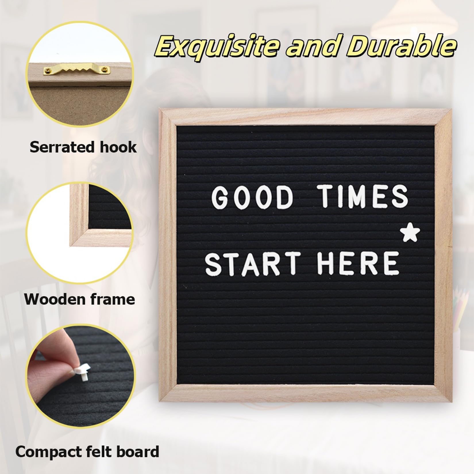 Felt Letter Board with 336 Letters Numbers & Symbols, First Day of School Board, 10x10 Inches, Changeable Message Board with Wooden Frame Wall Mount Hook (Black)