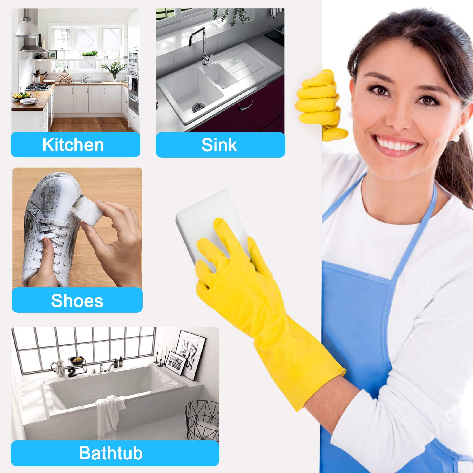 Magic Sponges Eraser for Cleaning, 100 Pack Reusable Melamine Sponge Scrubber Foam Cleaning Pads for Kitchen Dishes, Bathtub, Baseboard, Shoes Cleaner, Durable & Not Easily Rip