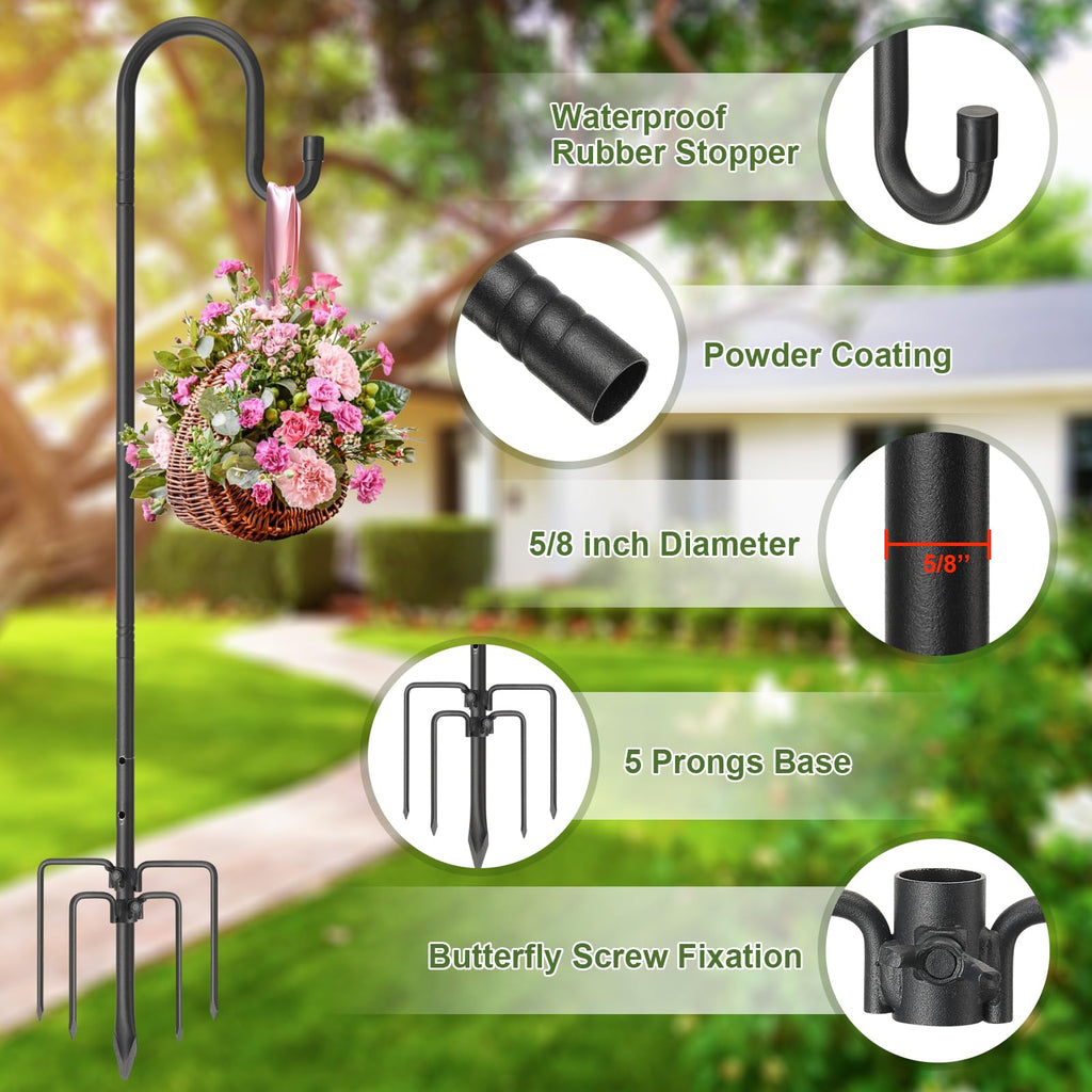 COCONUT Shepherds Hook for Bird Feeder, 62 Inch Adjustable Bird Feeder Pole with 5 Prong Base, 4/5 Inch Diameter Shepherds Hook for Outside, Garden Hanger Stand for Wind Chime, Lantern