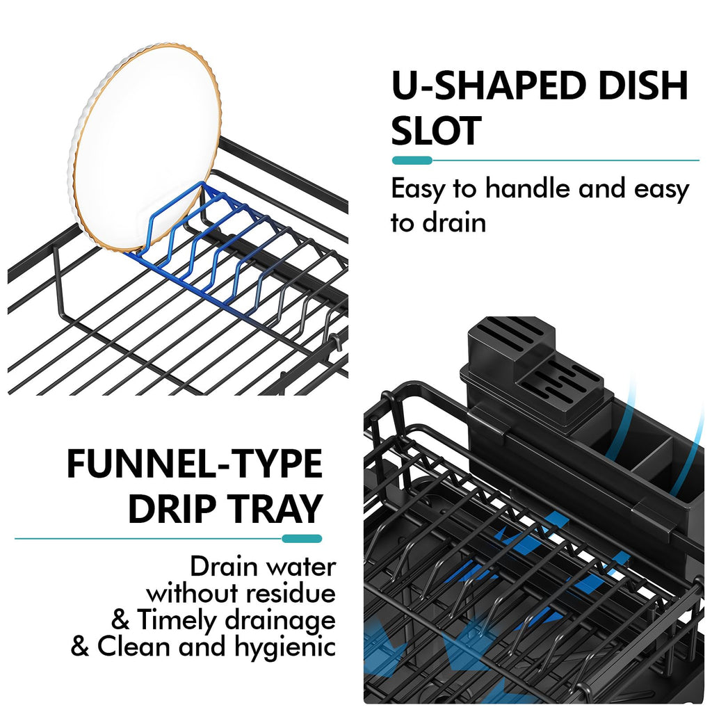 Large Dish Drying Rack,Expandable Dish Rack for Kitchen Counter,Dish Racks with Drain Board and Cutlery Holder,Kitchen Organizers and Storage,Black