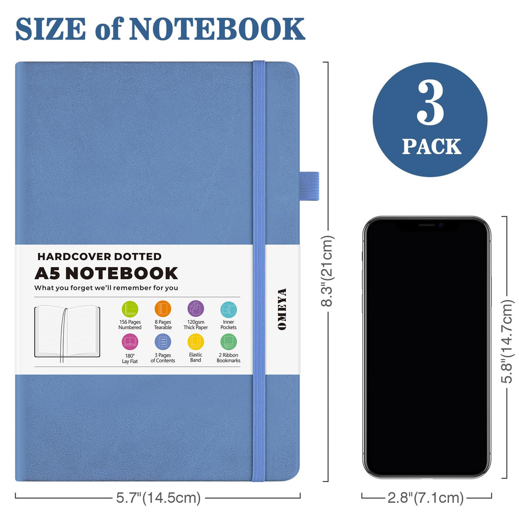 Bullet Dotted Journal Notebook, A5 Dotted Journal with 120gsm Paper, Leather Dotted Notebook, Hardcover Dot Grid Notebook Each with 156 Nmubered Pages, Dot Journal for Women, Men 5.75" × 8.38" (Blue+Pink+Yellow, A5 Dotted)