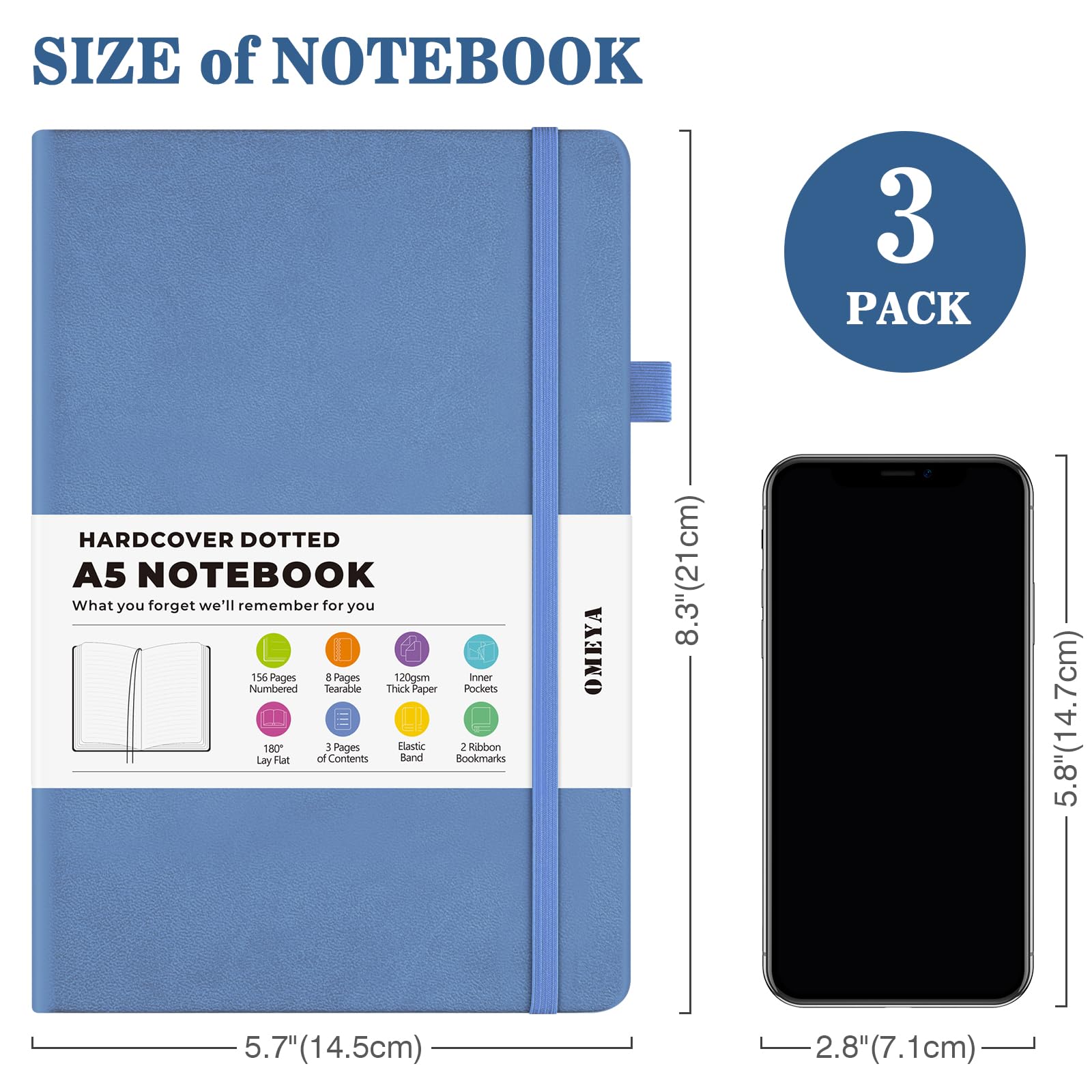Bullet Dotted Journal Notebook, A5 Dotted Journal with 120gsm Paper, Leather Dotted Notebook, Hardcover Dot Grid Notebook Each with 156 Nmubered Pages, Dot Journal for Women, Men 5.75" × 8.38" (Blue+Pink+Yellow, A5 Dotted)