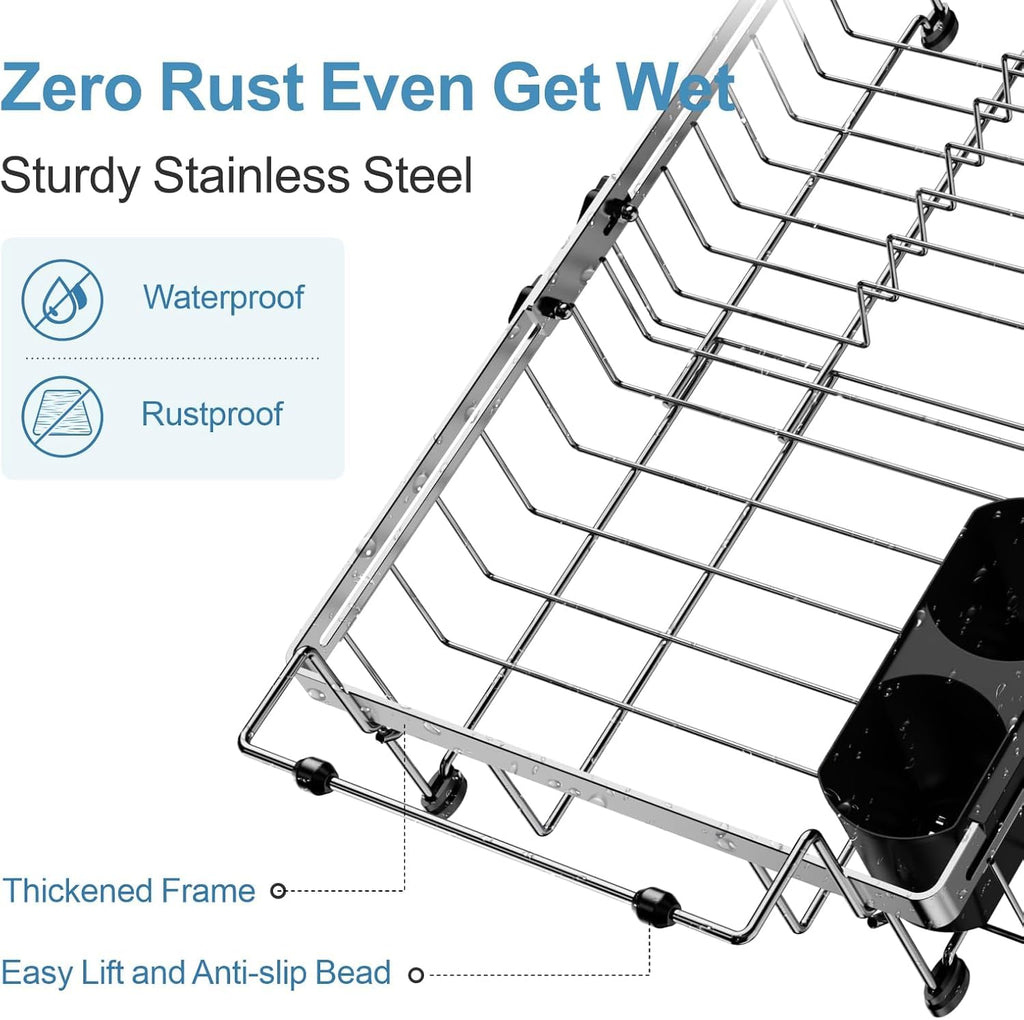 GSlife in Sink Dish Drying Rack - Stainless Steel Capacity Expandable Over The Sink Dish Drainer with Lock Knob and Utensil Holder for Kitchen Sink, 27.4-45.5 L x 32.5 W x 14.5 H cm, Silver