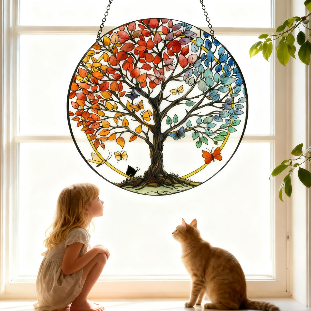 Tree of Life Sun Catcher Suncatcher - Indoor/Outdoor Stained Glass Window Hanging, Handmade Gift for Home Garden Christmas Wedding Housewarming Decor (6.31x6.31 in)