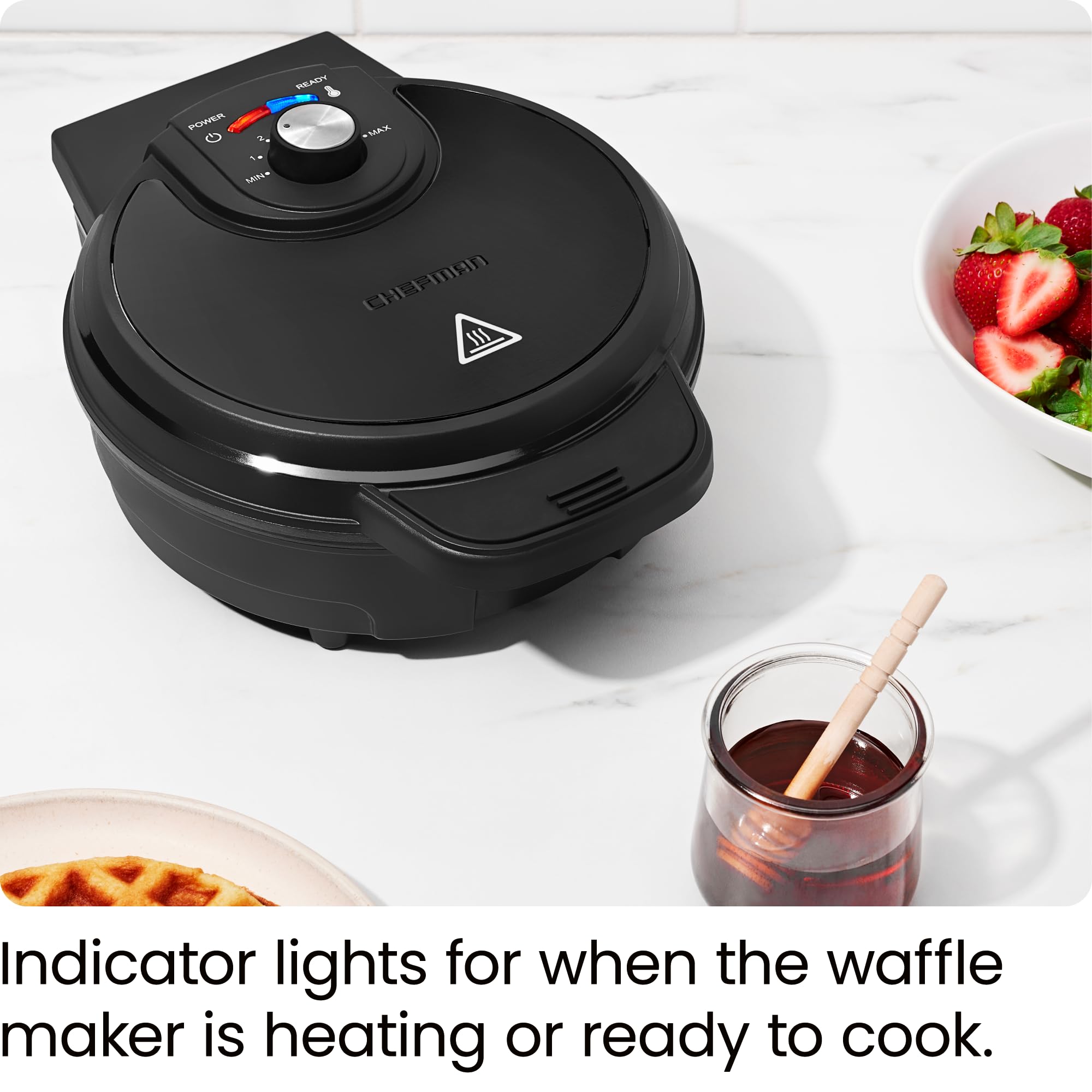 Chefman Anti-Overflow Belgian Waffle Maker w/ Shade Selector, Temperature Control, Mess Free Moat, Round Iron w/ Nonstick Plates & Cool Touch Handle, Measuring Cup Included, Black