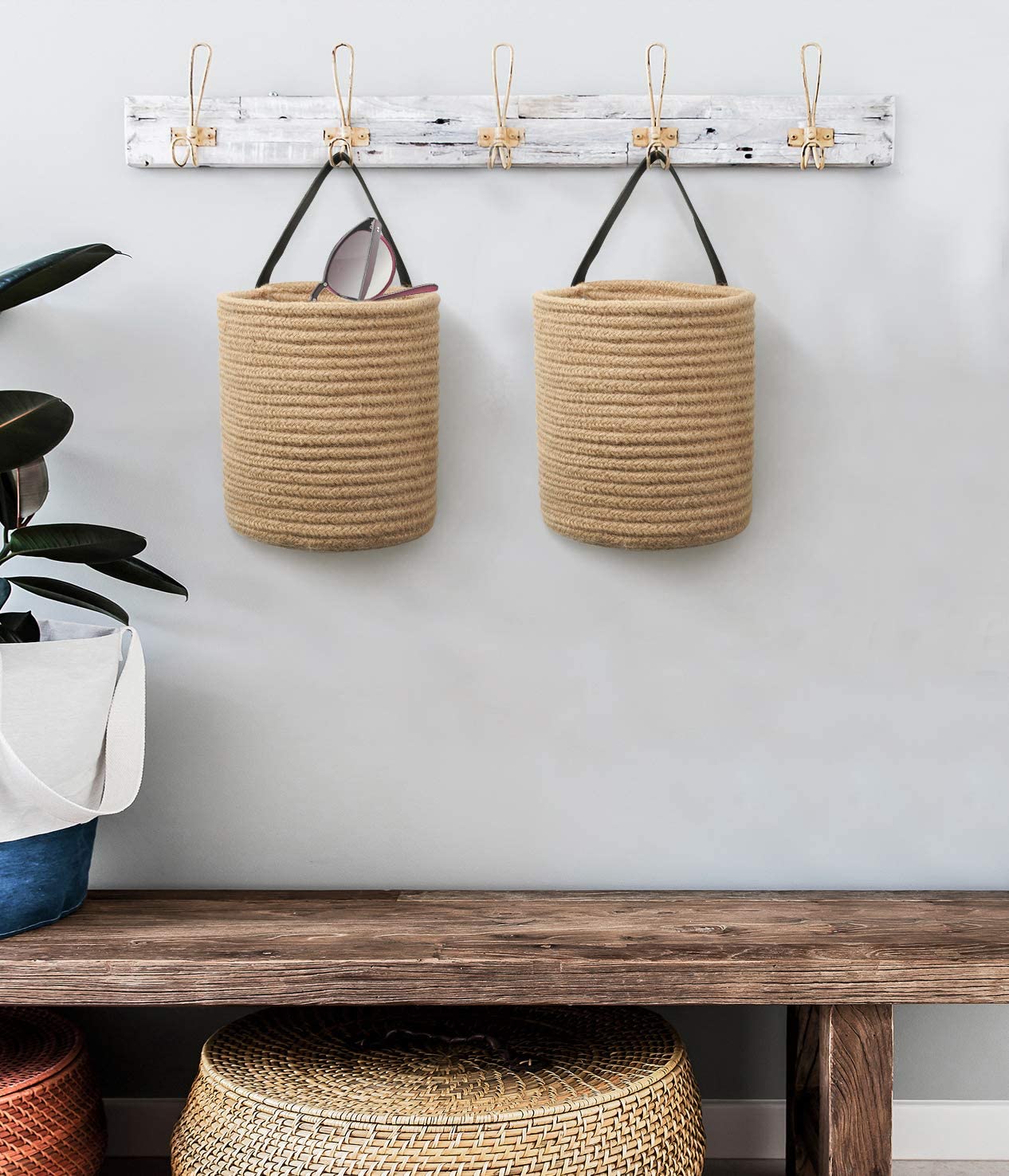 Goodpick 2pack Jute Hanging Baskets - 7.87" x 7" Small Woven Fern Hanging Basket Flower Plants, Jute Woven Basket