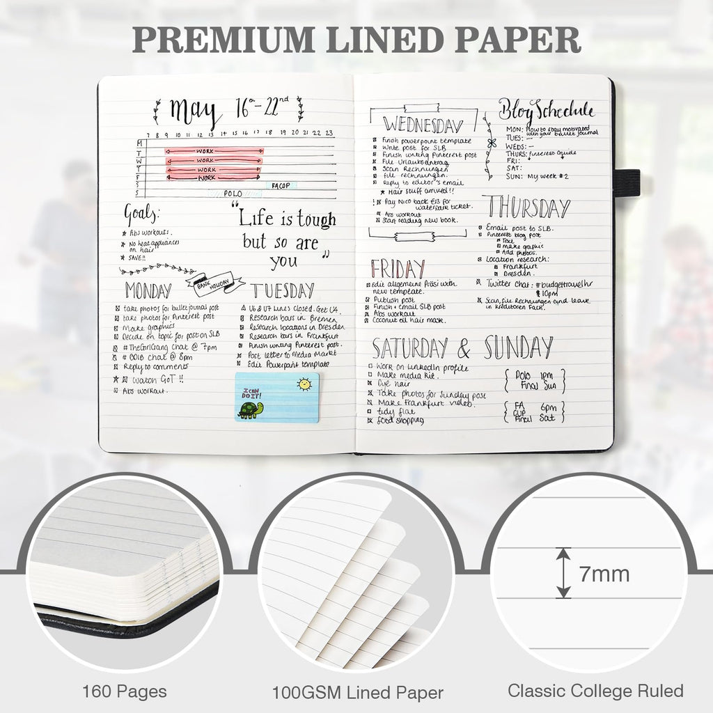 Lined Journal Notebook, 3 Pack A5 College Ruled Notebooks for Work, Hardcover Notebook Each with 2 Pockets & Pen, Leather Journal for Women, Men, 160 Pages, 100GSM Thick Paper (Multi-Colors 5.7"x8.3")