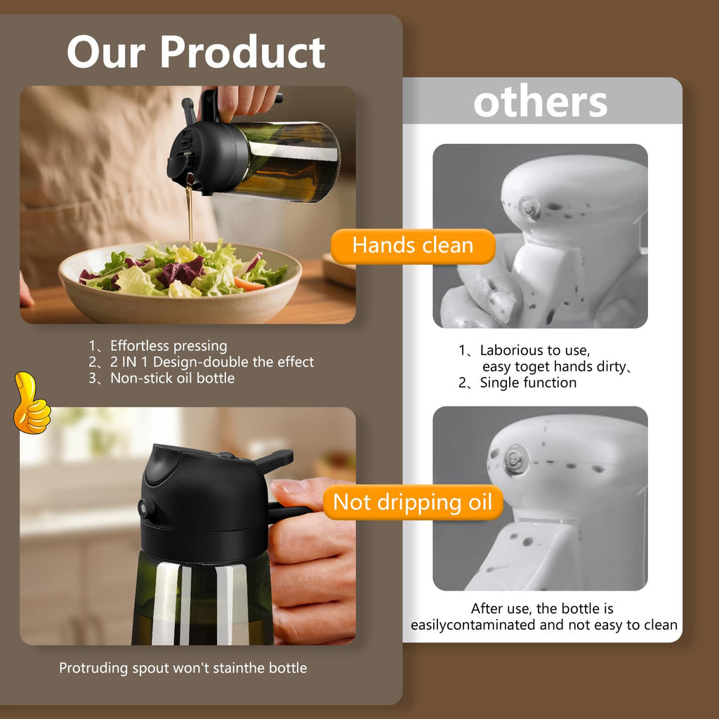 SWEET VIEW 2PCS Olive Oil Dispenser and Oil Sprayer – 16oz/470ml Glass Light-Proof Oil Pourer for Kitchen with Stickers for Air Fryer, Cooking, Salad, and BBQ
