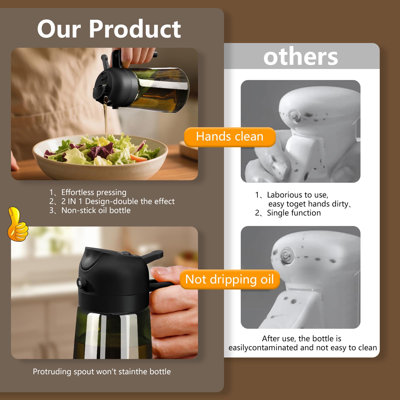 SWEET VIEW 2PCS Olive Oil Dispenser and Oil Sprayer – 16oz/470ml Glass Light-Proof Oil Pourer for Kitchen with Stickers for Air Fryer, Cooking, Salad, and BBQ