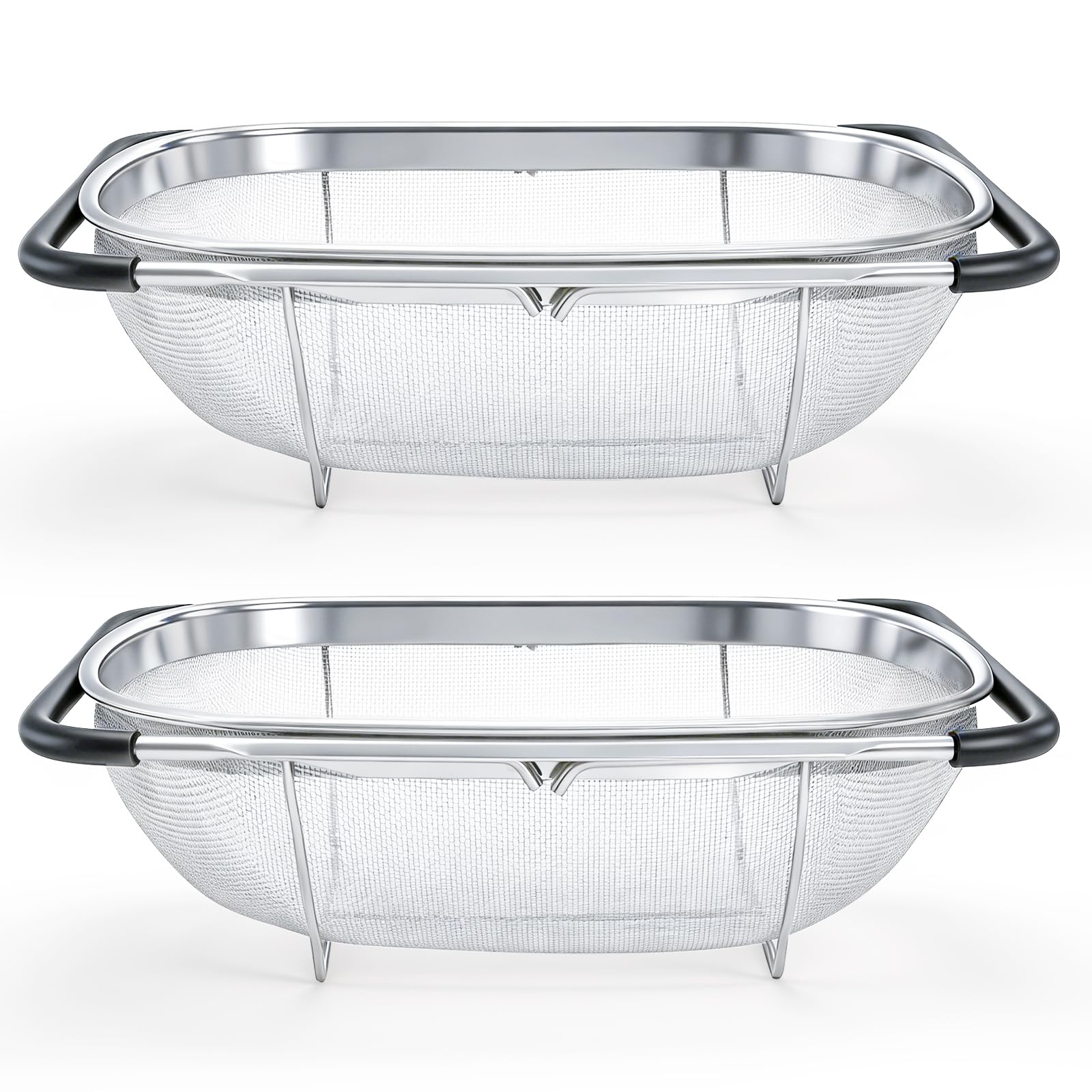Suwimut 2 Pack Over the Sink Oval Colander for Kitchen, Stainless Steel Fine Mesh 6 Quart Strainer Basket with Expandable Rubber Grip Handles for Straining, Draining, Rinsing Fruits, Vegetables