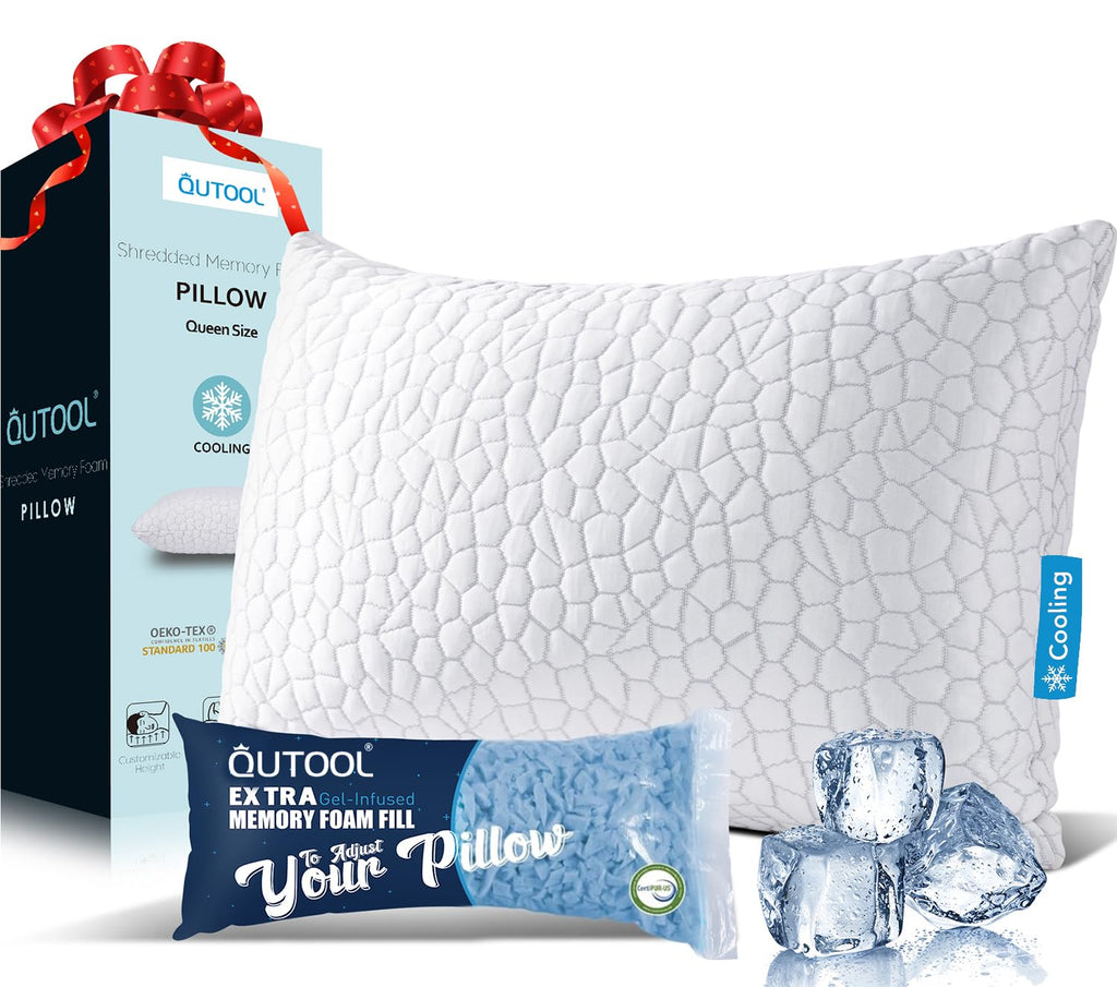Cooling Memory Foam Pillow for Sleeping, Adjustable Shredded Memory Foam Bed Pillow, Breathable Bamboo Rayon Cover, Soft & Supportive Pillow for Side Back Stomach Sleepers, Queen Size 1-Pack