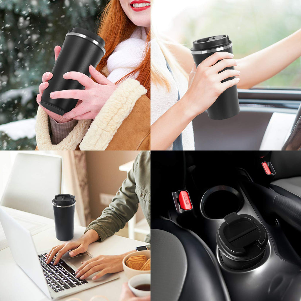 17oz (510ml) Vacuum Insulated Travel Mug, Smilatte Leakproof Double Wall Stainless Steel Reusable Coffee Cup with Lid for Hot & Cold Drinks, Matte Texture Black