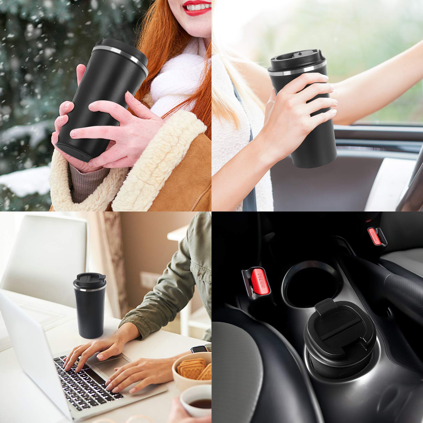 17oz (510ml) Vacuum Insulated Travel Mug, Smilatte Leakproof Double Wall Stainless Steel Reusable Coffee Cup with Lid for Hot & Cold Drinks, Matte Texture Black