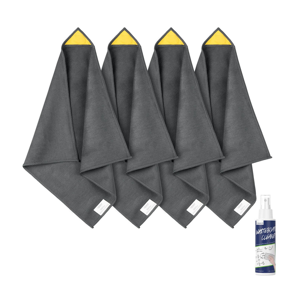 LOUKIN 4pcs Magnetic Whiteboard Cleaning Cloth，Dry Erase Cleaning Cloth for Classroom Home and Office Use, Reusable and Washable, Gray, 12" x 12", One Bottle of 3.4 oz Whiteboard Cleaner Included