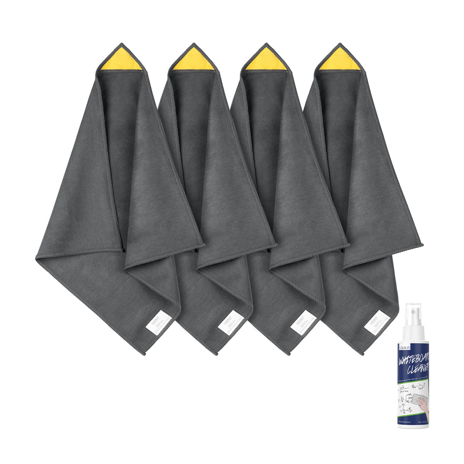 LOUKIN 4pcs Magnetic Whiteboard Cleaning Cloth，Dry Erase Cleaning Cloth for Classroom Home and Office Use, Reusable and Washable, Gray, 12" x 12", One Bottle of 3.4 oz Whiteboard Cleaner Included