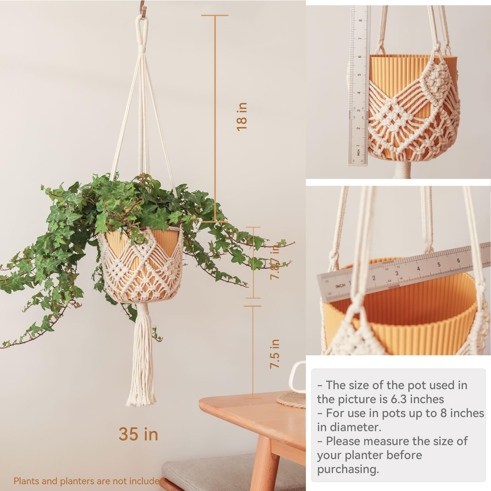Macrame Plant Hangers Indoor Macrame for up to 8 inch Pot Crochet Boho Plant Hanger Holder for Indoor Outdoor with 2 S Shaped Stainless Steel Hooks (White)