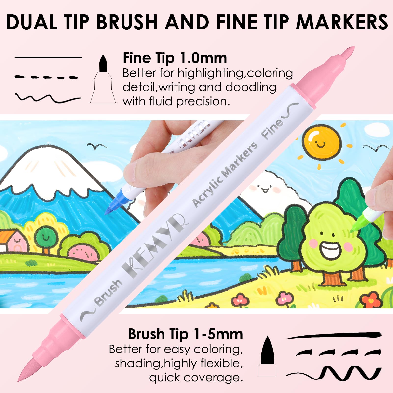 KEMYR 72 Colors Brush & Fine Tip Acrylic Paint Pens, Dual Tip Acrylic Paint Markers for Paper, Wood, Canvas, Stone, Rock Painting, Glass, Fabric, DIY, Ceramic, Art Supplies for Drawing