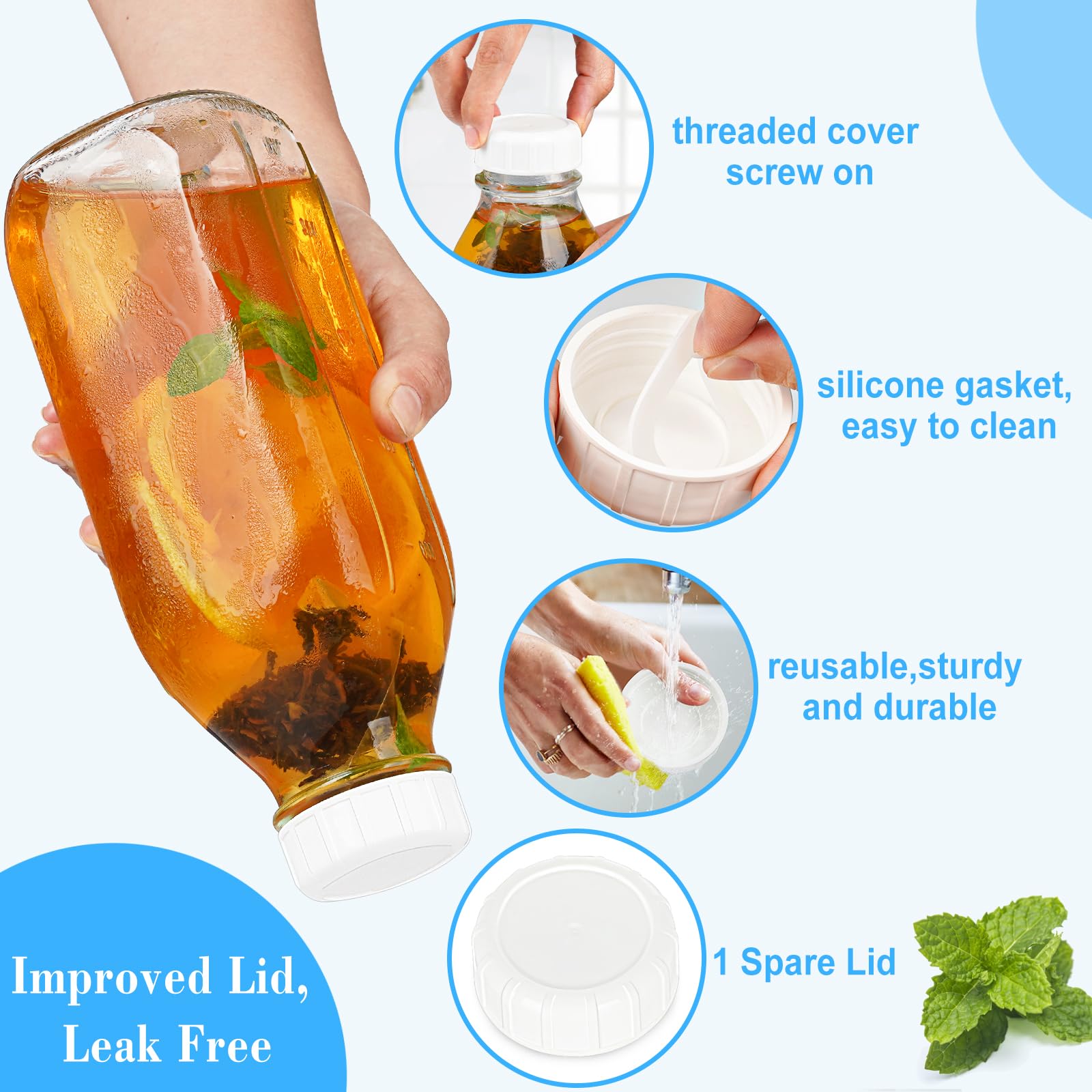 Glass Milk Bottle with 2 Dispenser Caps & 100% Airtight Screw Lid, 2 Pack 32 Oz Reusable Glass Bottles with 3 Lids! Milk Container for Oat Nut Almond Milk, Juice, Water, Cold Brew Coffee, Creamer