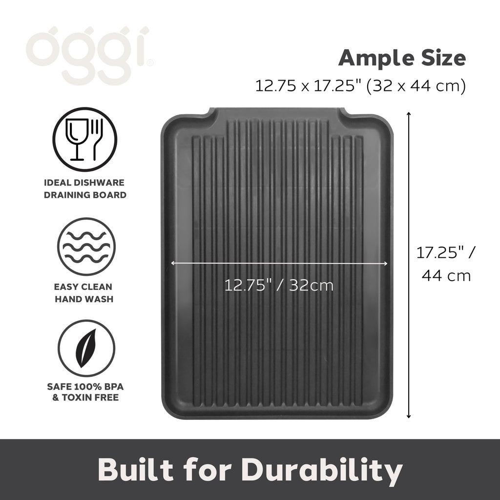 Oggi Dish Drain Board & Drying Rack Tray for Kitchen - Ideal Rigid Drainboard, Plate & Glass Drainer Tray, Dish Drain Boards for Kitchen Counter, 12.75 x 17.25 - Black