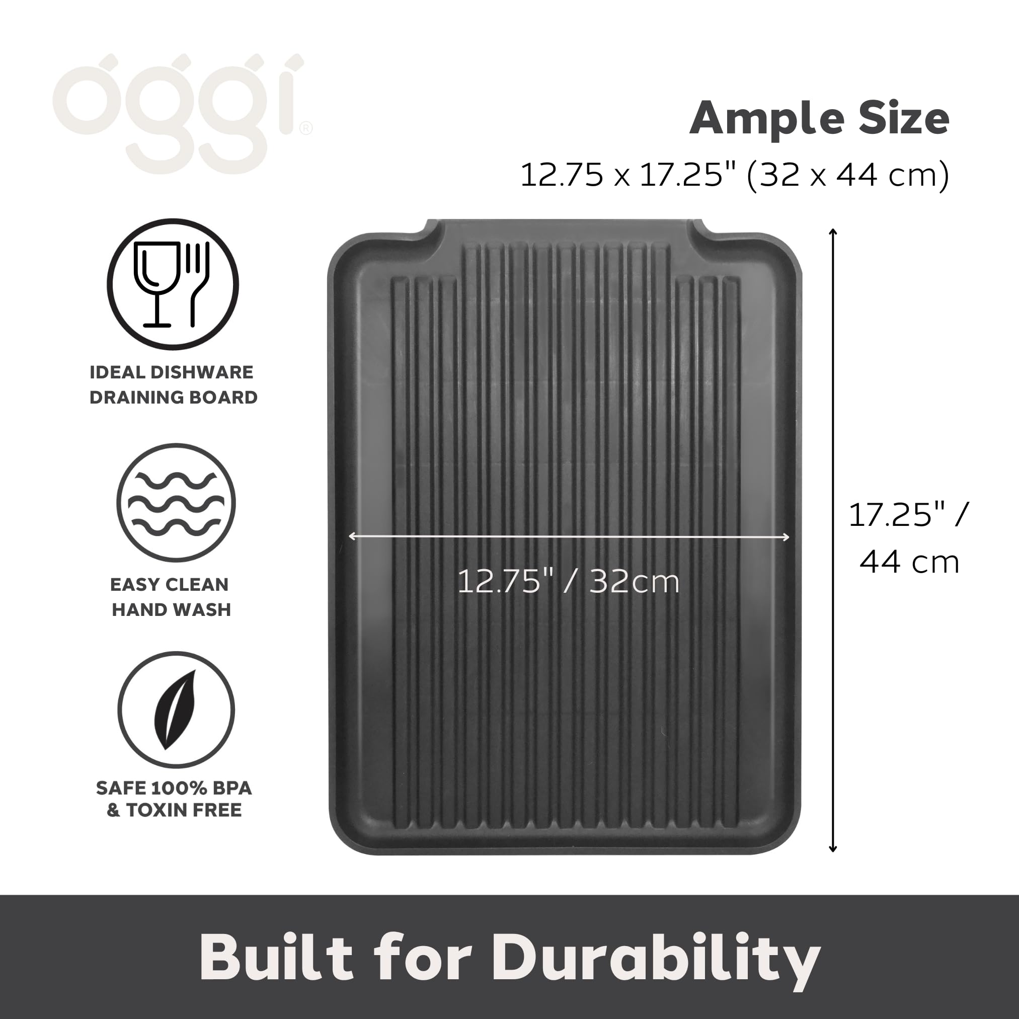 Oggi Dish Drain Board & Drying Rack Tray for Kitchen - Ideal Rigid Drainboard, Plate & Glass Drainer Tray, Dish Drain Boards for Kitchen Counter, 12.75 x 17.25 - Black