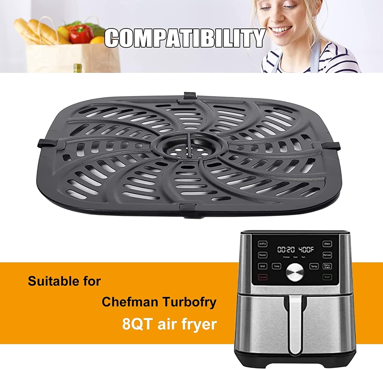 Air Fryer Grill Pan for Chefman TurboTouch Easy View Air Fryer 8 QT, Food Grade Non-Stick Air Fryer Accessories Replacement Tray Rack Parts Grill Crisper Plate with Rubber Bumpers, Dishwasher Safe