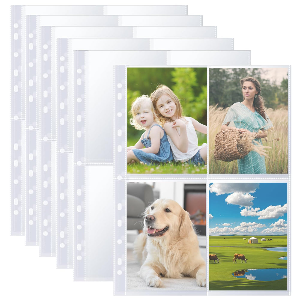 Toionmm 60 Pack Photo Album Refill Pages, 480 Pocket Photos Sleeves for 2/3/4 Ring Binder, Double-Sided 4 Pocket Photo Sheet Protector, Ultra-Clear PP Postcard Sleeves