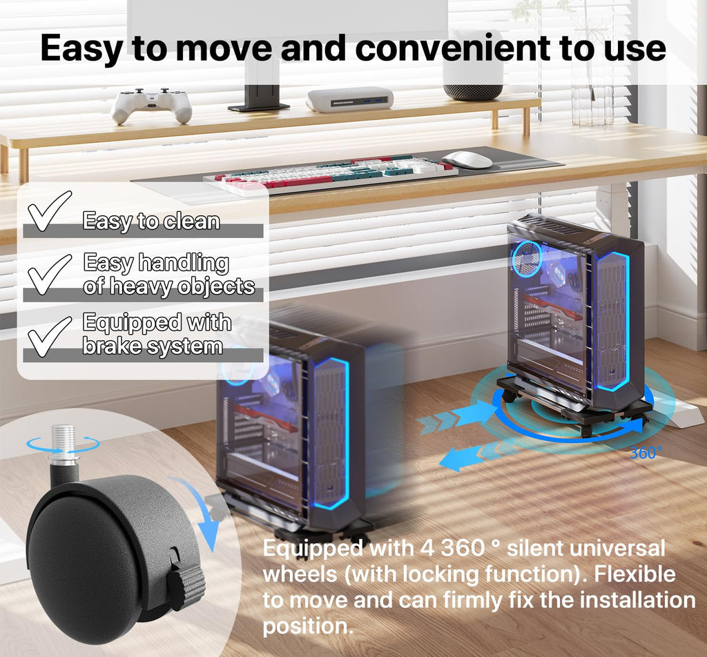 Computer Tower Stand Universal Adjustable Rolling PC Tower Stand with 4 Casters | Space-Saving Mobile CPU Fits Most Computer Cases Under Desk