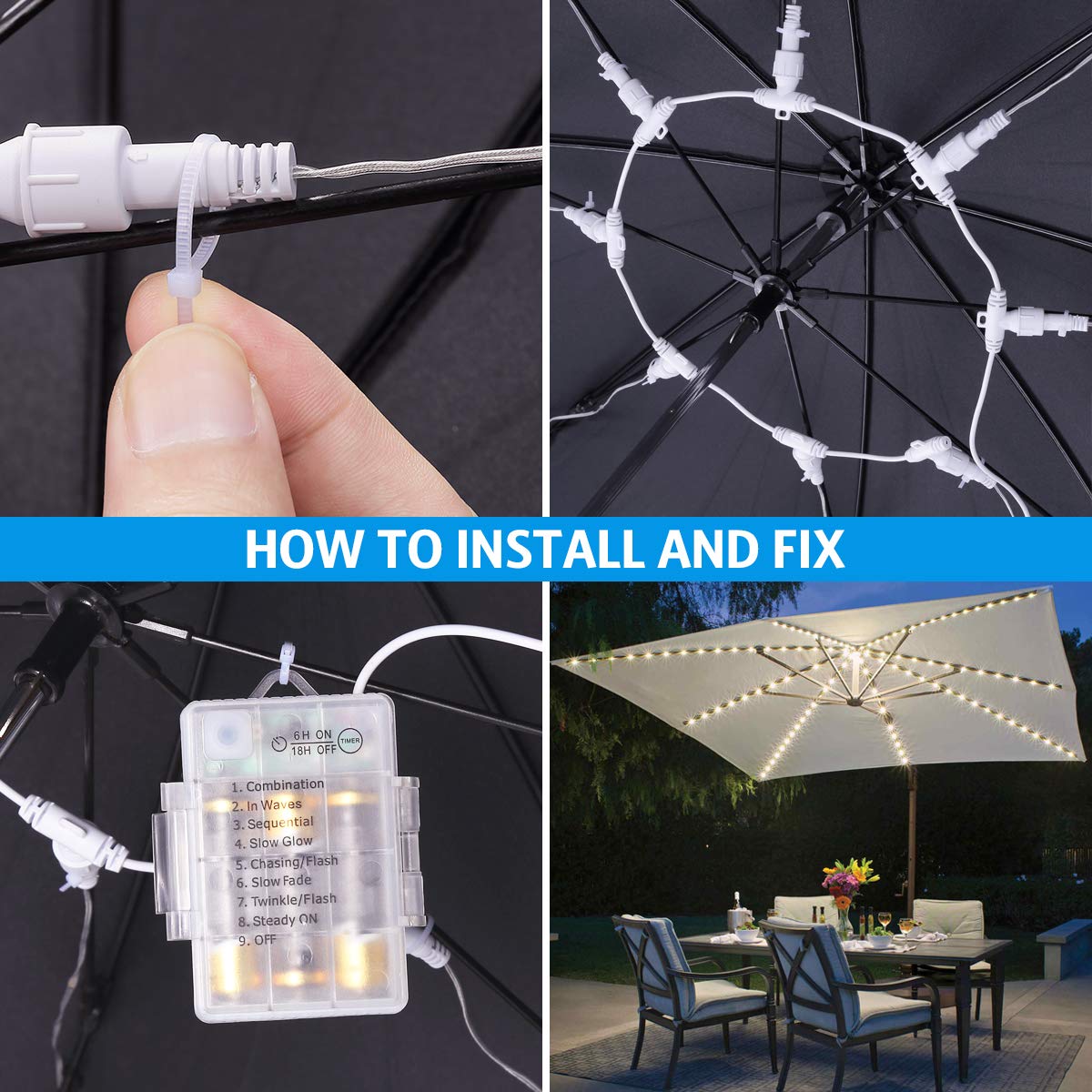 AMIR Patio Umbrella Lights, 104 LED String Lights with Remote Control, 8 Lighting Mode Umbrella Lights Battery Operated Outdoor Lighting for Patio Umbrellas Camping Tents or Outdoor