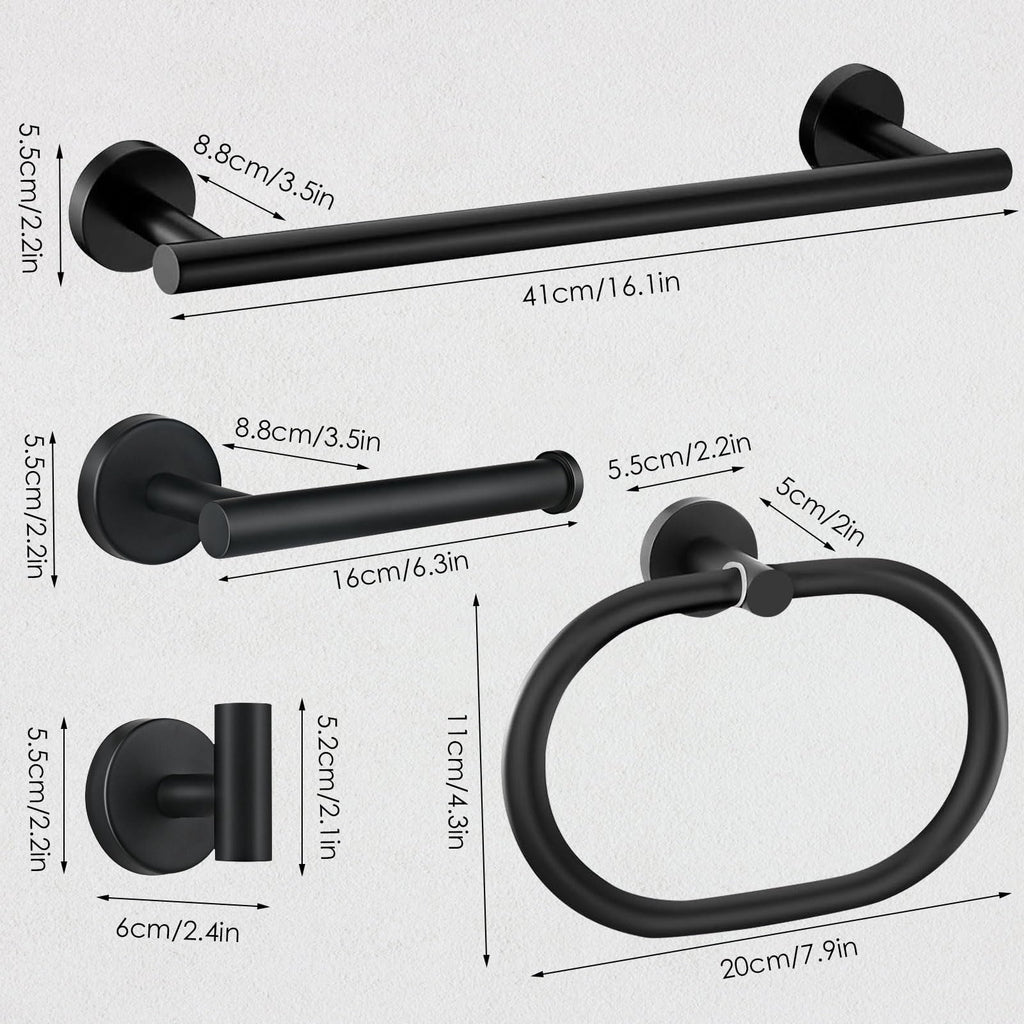 Bathroom Accessories Set,5PCS Black Bathroom Accessories Rustproof,Anti-Drop Design Toilet Paper Roll Holder,16-Inch Towel Bar,Unique Oval Hand Towel Holder,2 Towel Hooks for Bedroom,Kitchen,Entrance