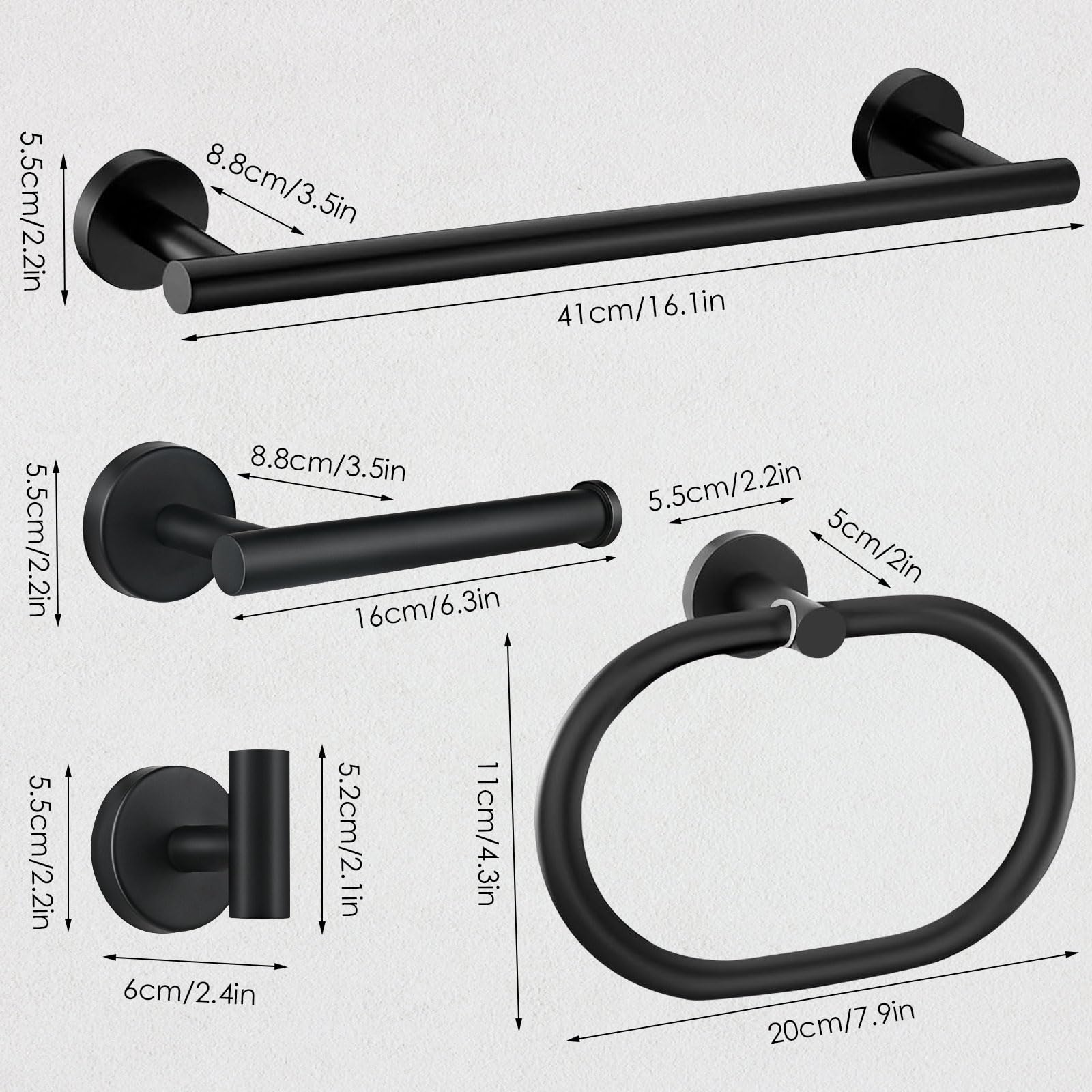 Bathroom Accessories Set,5PCS Black Bathroom Accessories Rustproof,Anti-Drop Design Toilet Paper Roll Holder,16-Inch Towel Bar,Unique Oval Hand Towel Holder,2 Towel Hooks for Bedroom,Kitchen,Entrance