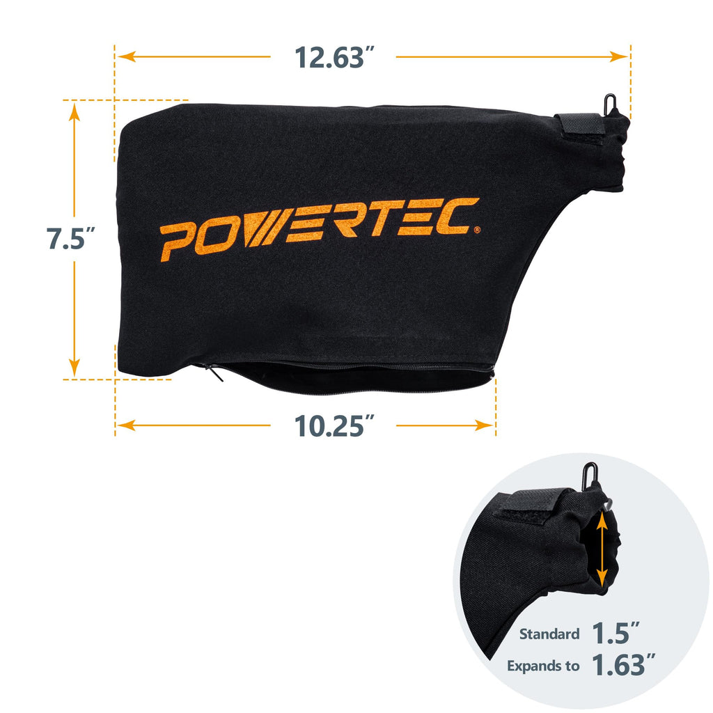 POWERTEC Miter Saw Dust Collector Bag for 7-1/4", 8-1/2" Miter Saw, Fits Nominal 1-1/2" Dust Ports, Hook and Loop Dust Bag w/Zipper, Wired Adjustable Stand Miter Saw Accessories (75081)