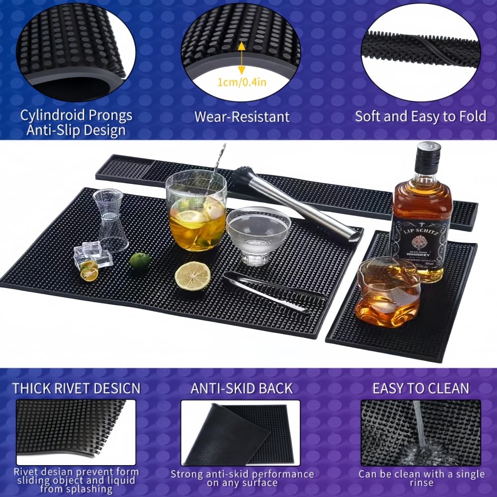 IMIYOKU Bar Mat Set of 3 Rubber Bar Service Spill Mat for Cocktail Bartender Coffee Bar or Countertop Mats Glass Drying Mat (Black, 18" x 12"+23" x 3"+12" x 6")