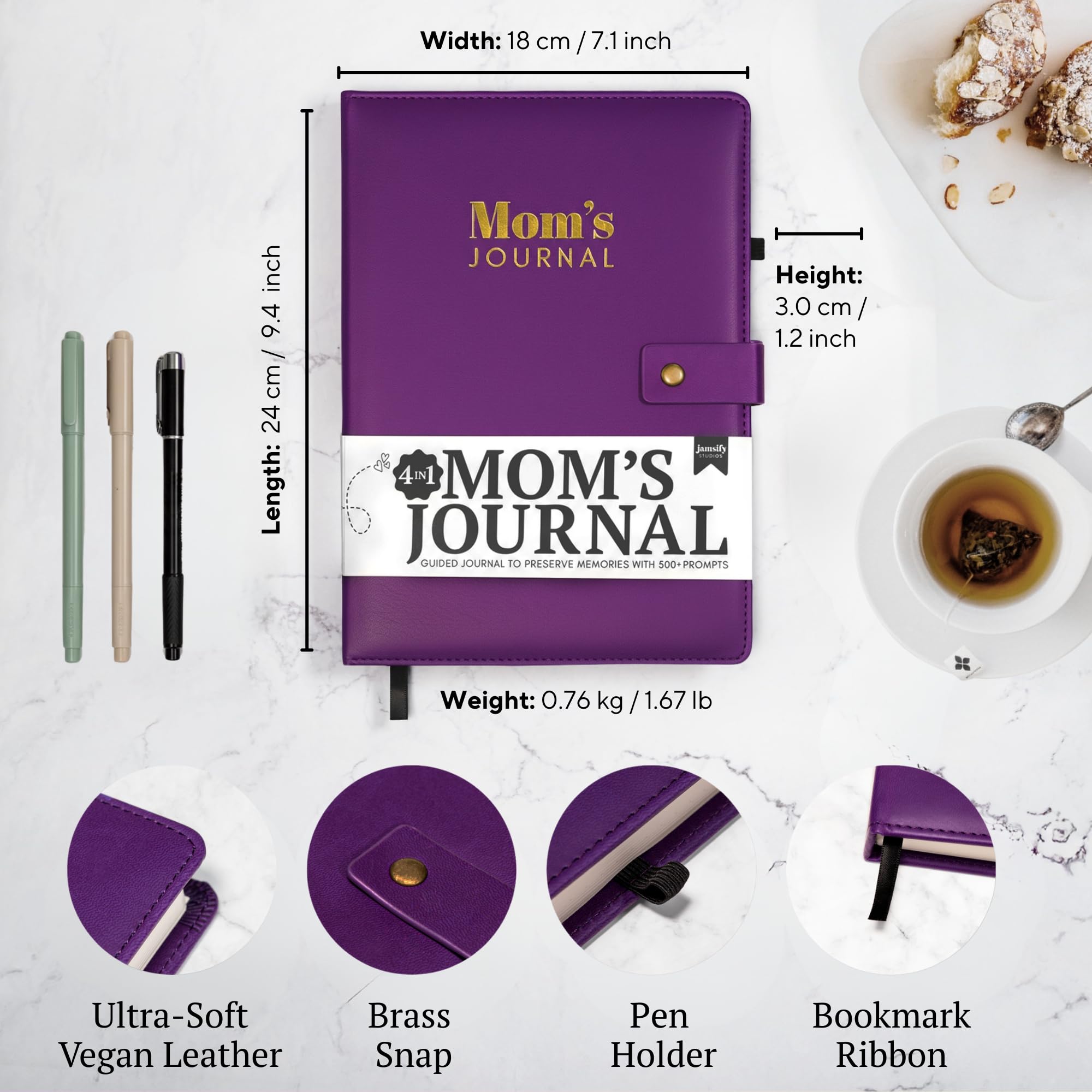 Jamsify Studios 4-in-1 Mom’s Story Activity Journal (Hardcover) – 500+ Prompt Vegan Leather Activity Book with Prompts, Stories, and Games – Family Keepsake for a Mother’s Life Memories – B5 Size, 200+ Pages – Life Story Memory Book with Guided Questions