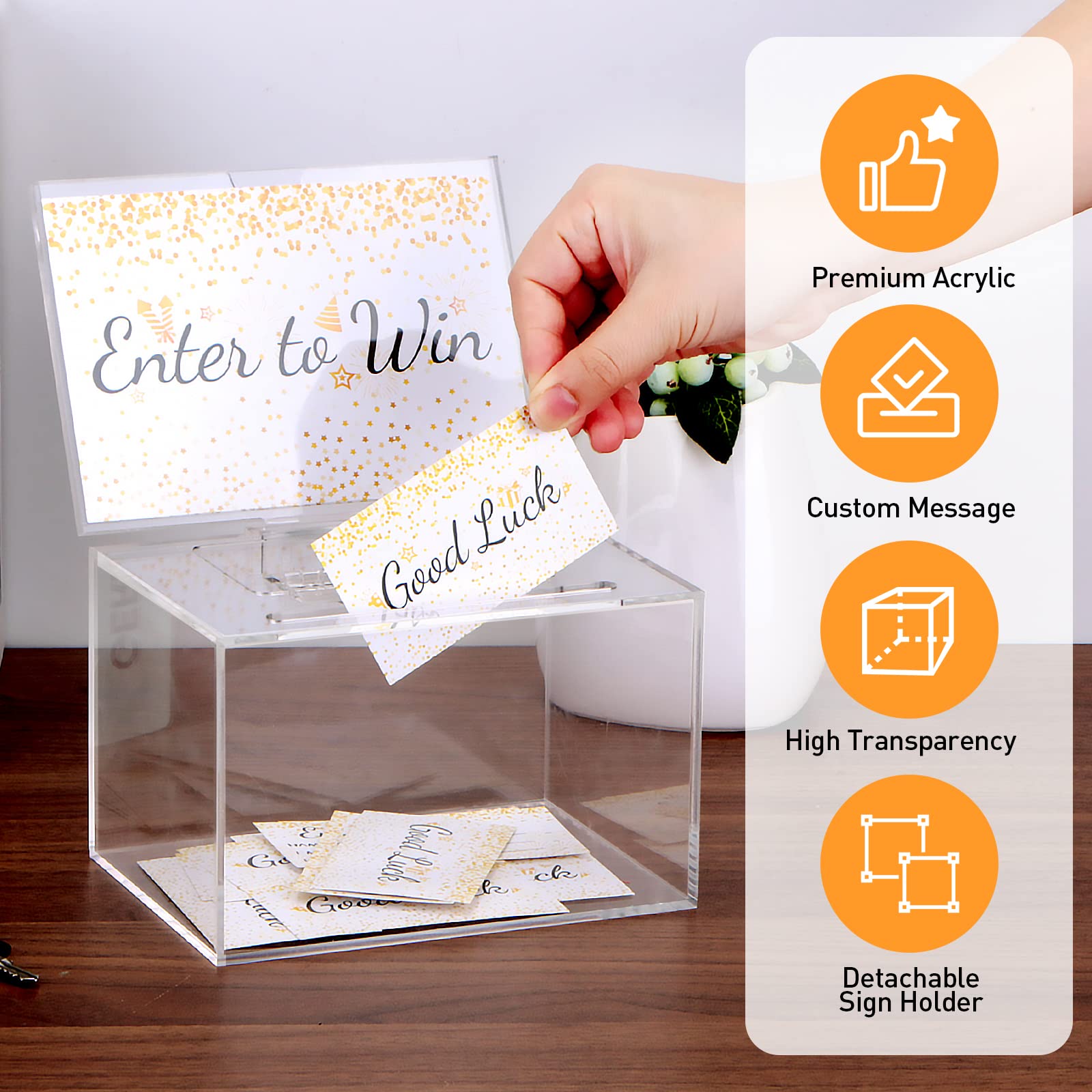HOEMEM Acrylic Donation Box with 100 Pcs Raffle Tickets, Clear Ballot Box with Lock & Sign Holder Safe Suggestion Box Storage Container for Fundraising Voting Tip Jar (6" x 4.3" x 4")