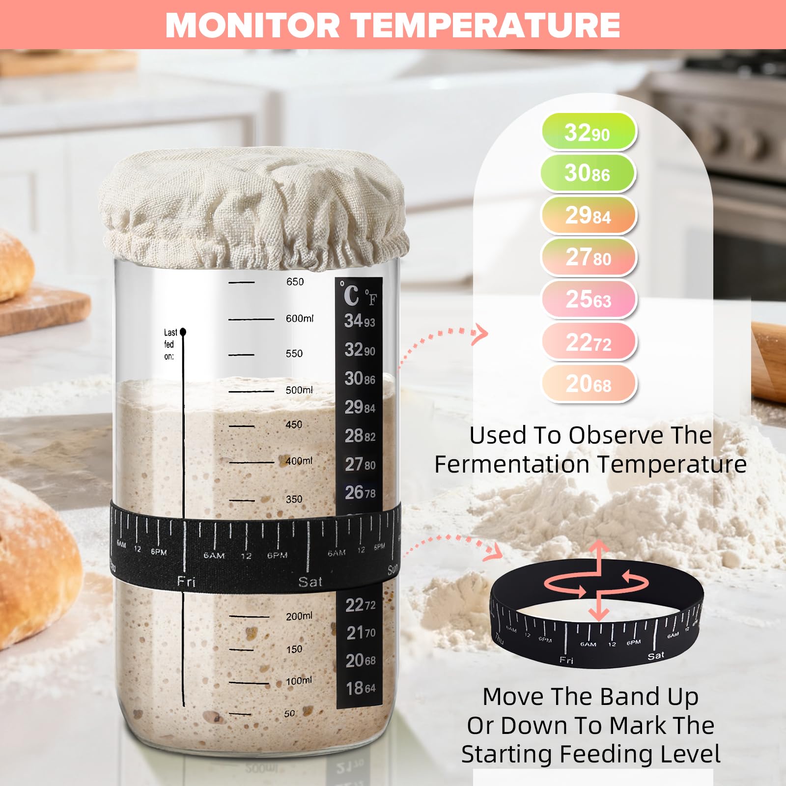 RYTOXILO Sourdough Bread Starter Kit, 15 Pcs Sour Dough Bread Baking Supplies for Beginners with 24 Oz Glass Starter Jar, Complete Bread Making Set with Silicone Banneton Proofing Basket