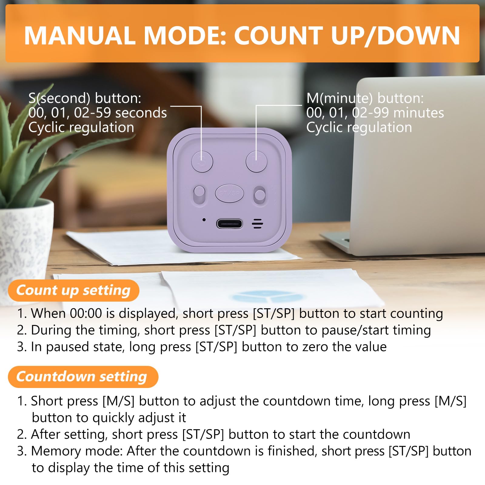 GuDoQi Cube Timer, Pomodoro Timer with Adjustable Sound and Vibration Alert, 5/10/30/60 Mins & Custom Mode, Visual Countdown Timer for Study, Office, Yoga, Purple