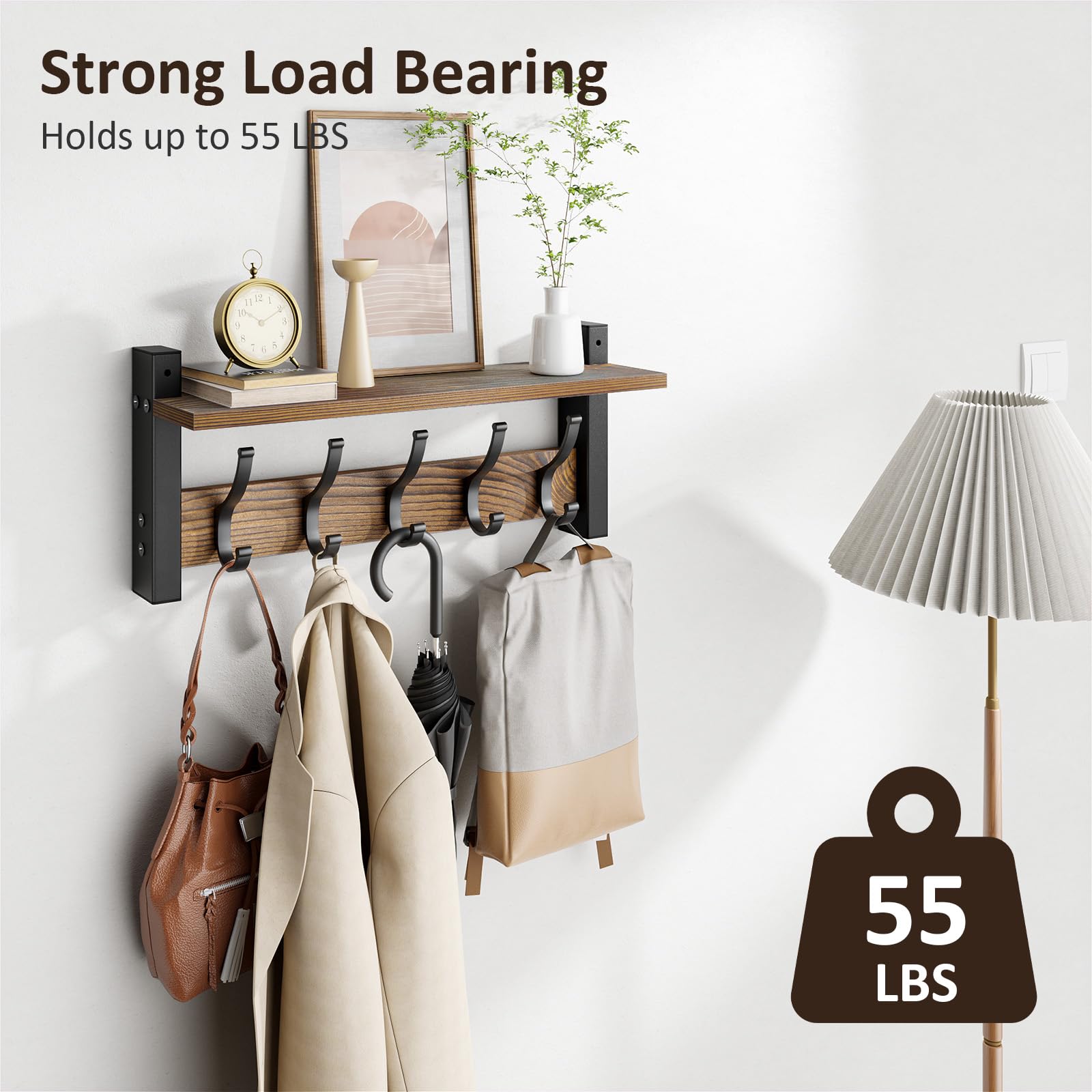 Coat Rack Wall Mount with Shelf, 17.1 Inch Coat Hanger Walls Mounted, Hat Rack for Walls, Shelf with 5 Coat Hooks, Wall Hanger for Entryway (Brown)