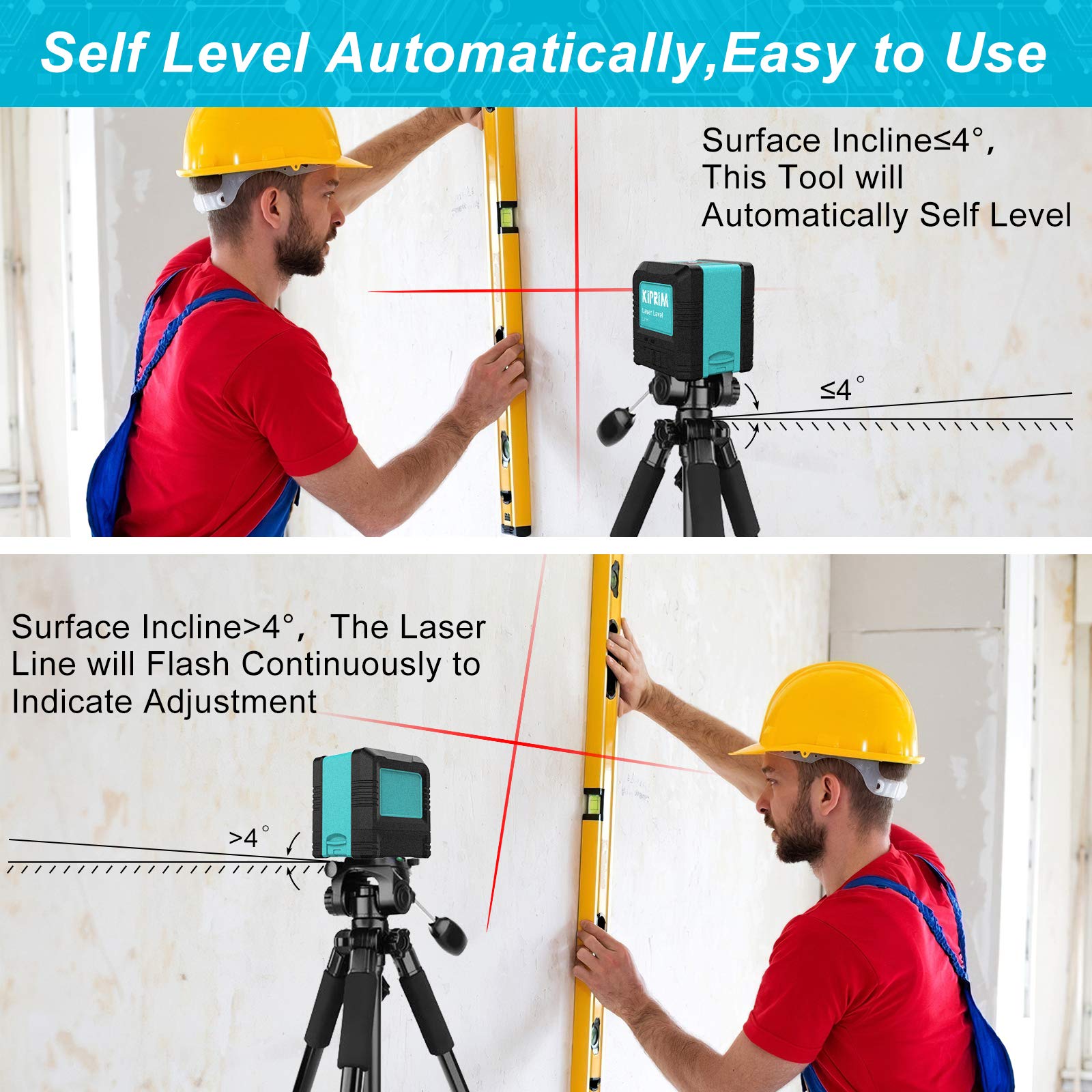 Laser Level, Kiprim LV1R Cross Laser Level Dual Line Vertical/Horizontal Laser Module, IP54 Dustproof, Waterproof, 1m Anti-Drip, ± 4 ° Auto Leveling
