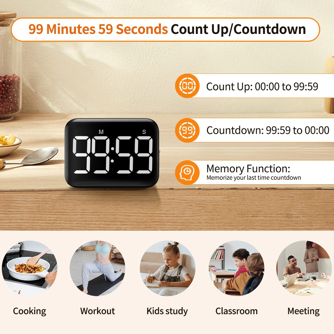 VOCOO Magnetic Kitchen Timer for Cooking with Count Up Countdown, Digital Timer Battery Powered with Large Display, 2 Brightness and Volume Levels for Classroom, Teacher, Kids (White)