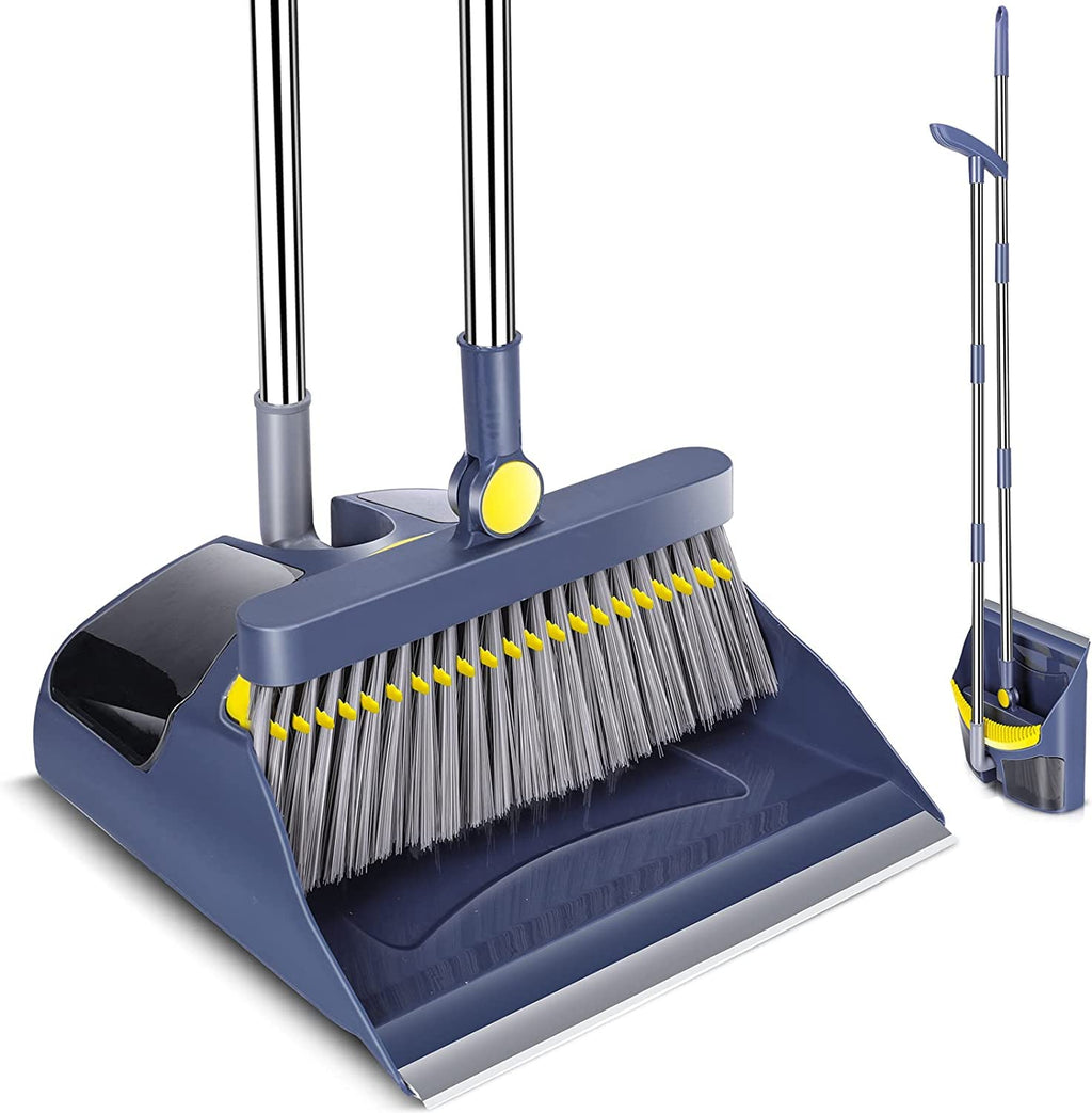 Almcmy Broom and Dustpan Set for Home, Long Handle Broom Dustpan Combo, Foldable Dustpan with Comb Teeth, Standing Broom and Dustpan Set for Home Kitchen Lobby Indoor Floor Cleaning (Navy Blue)