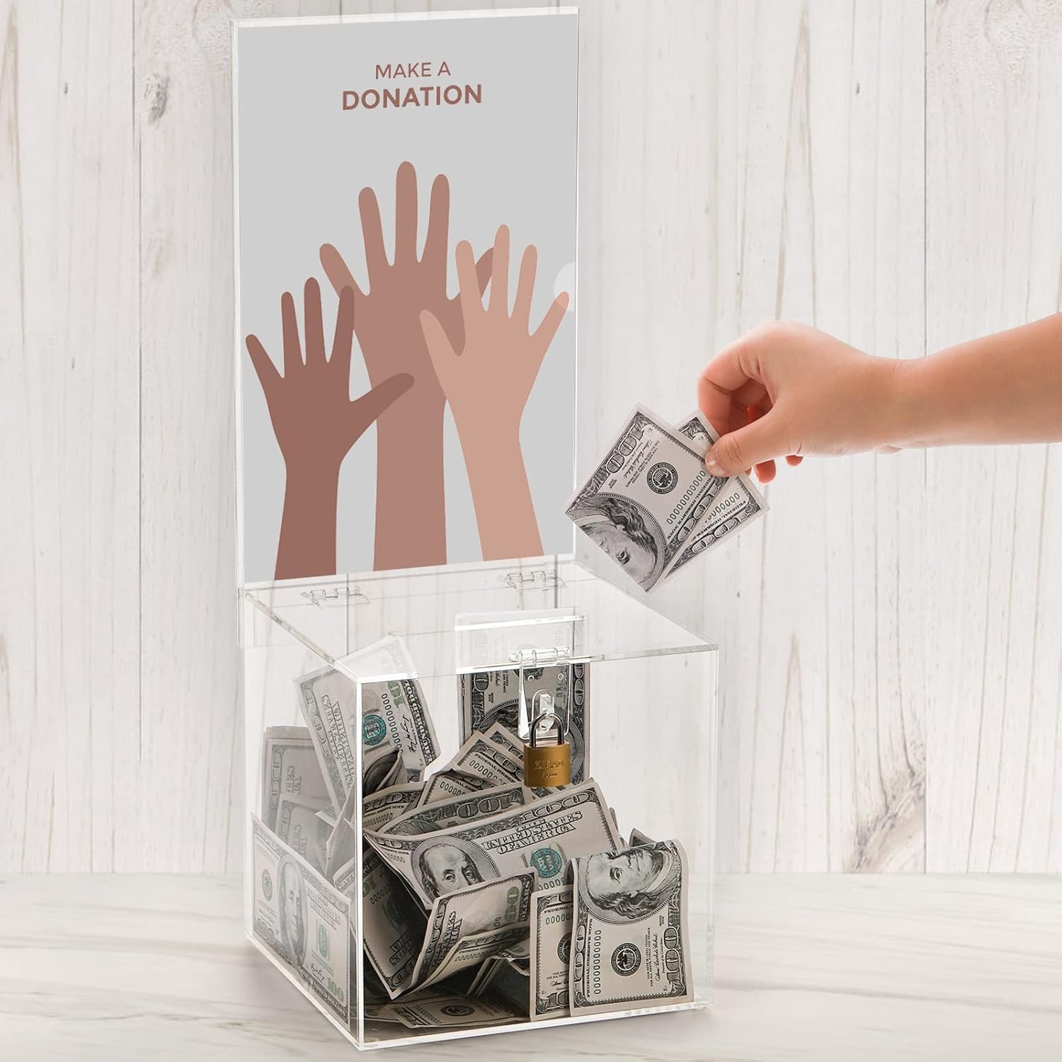 YOUEON Square Acrylic Donation Box with Lock, 7x7x7 Inch Clear Suggestion Box with Slot and Lock, Ballot Box with Sign Holder, Tip Box, Vote Box, Comment Box for Voting, Charity, Fundraising