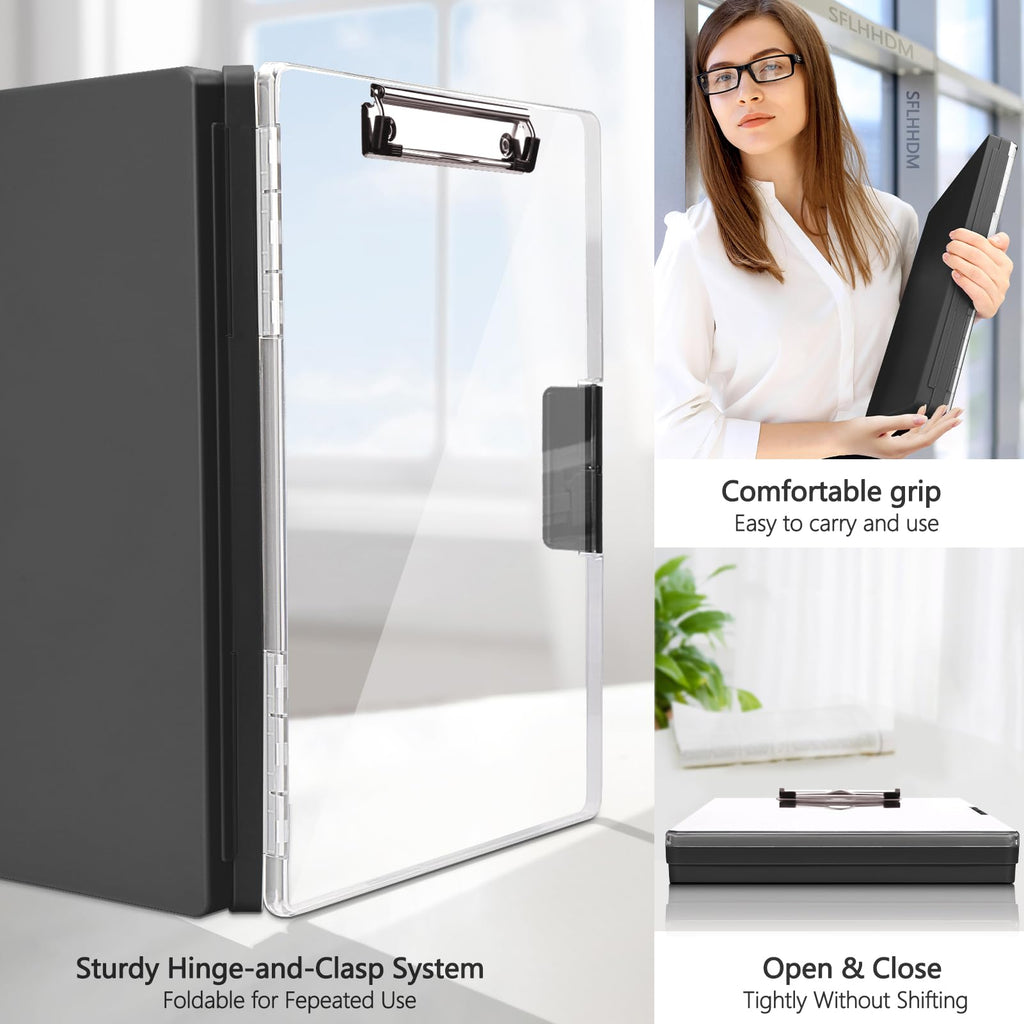 SFLHHDM Clipboard with Storage,Heavy Duty Clip Boards 8.5x11 with 2 Storage Case,Clear Visible Top Panel Storage Clip Board,Side Opening Board,Nursing Clipboards Folder Case for Office-Black