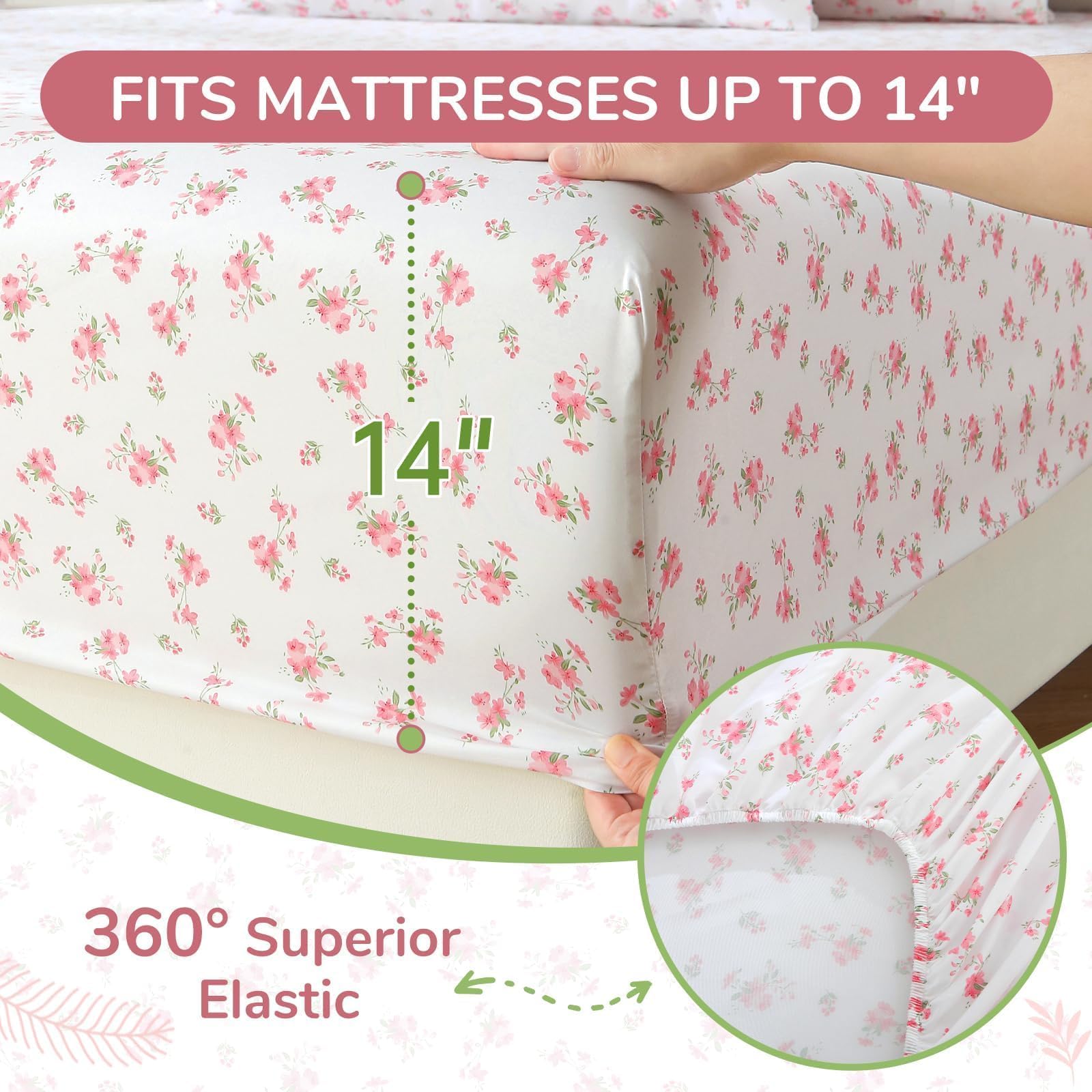 MUXHOMO Queen Size 4 Piece Sheet Set, Soft Breathable Bed Sheet Set for Bedroom with Deep Pocket Up to 16", Wrinkle-Free & Cooling Bedding for Oeko-TEX Certified - Blossoms Pink