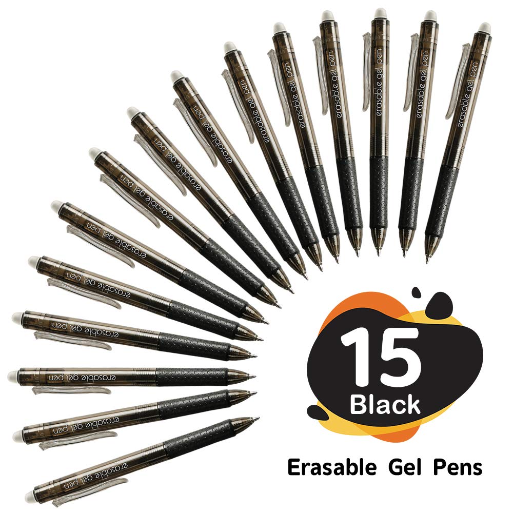 Erasable Gel Pens, 15 Pack Black Retractable Erasable Pens Clicker, Fine Point, Make Mistakes Disappear, Black Inks for Writing Planner and Crossword Puzzles
