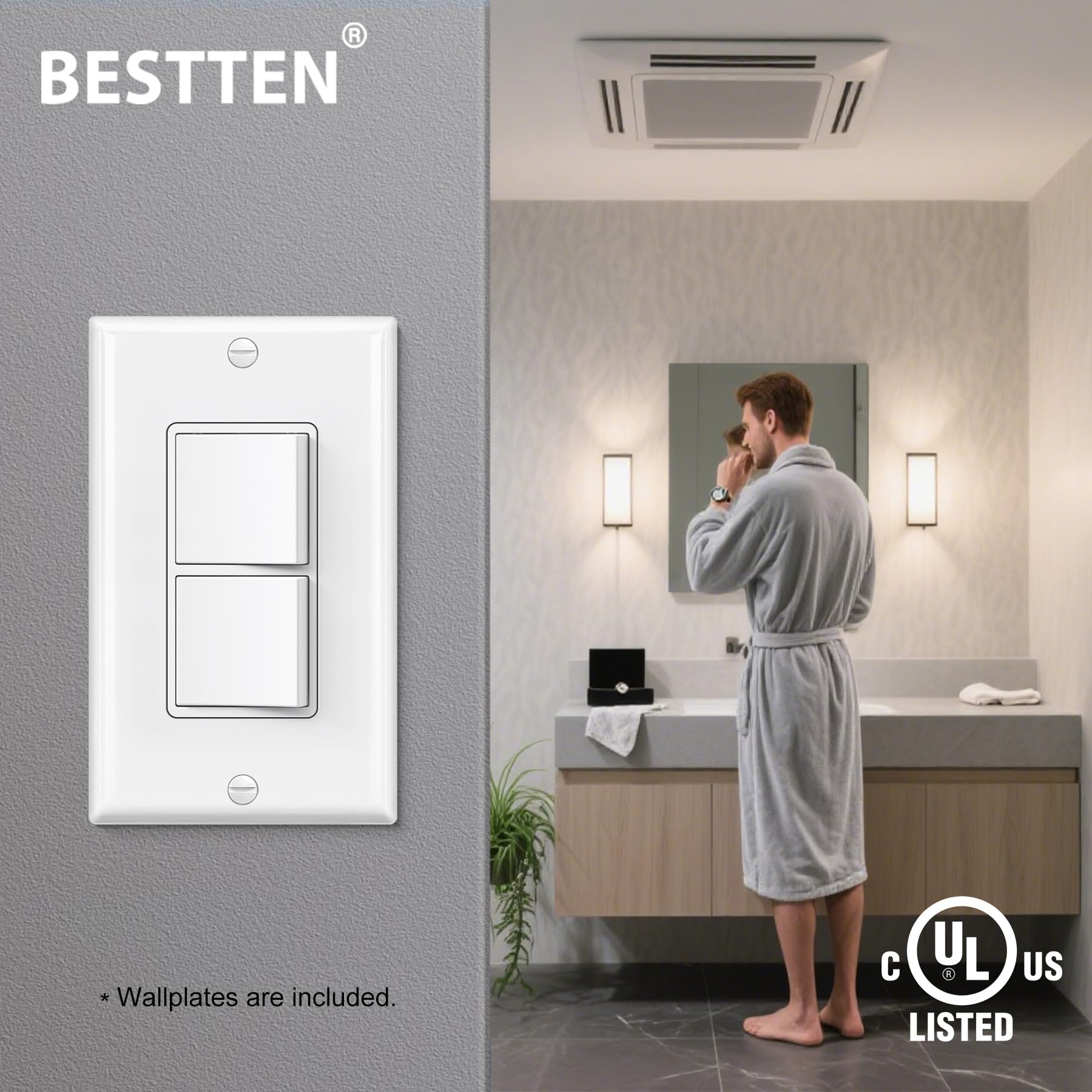 [2 Pack] BESTTEN Double Light Switch, Single Pole Combination Interrupter, 15A 120V, Dual Control Paddle Rocker, Residential & Commercial Use, cUL Listed, White