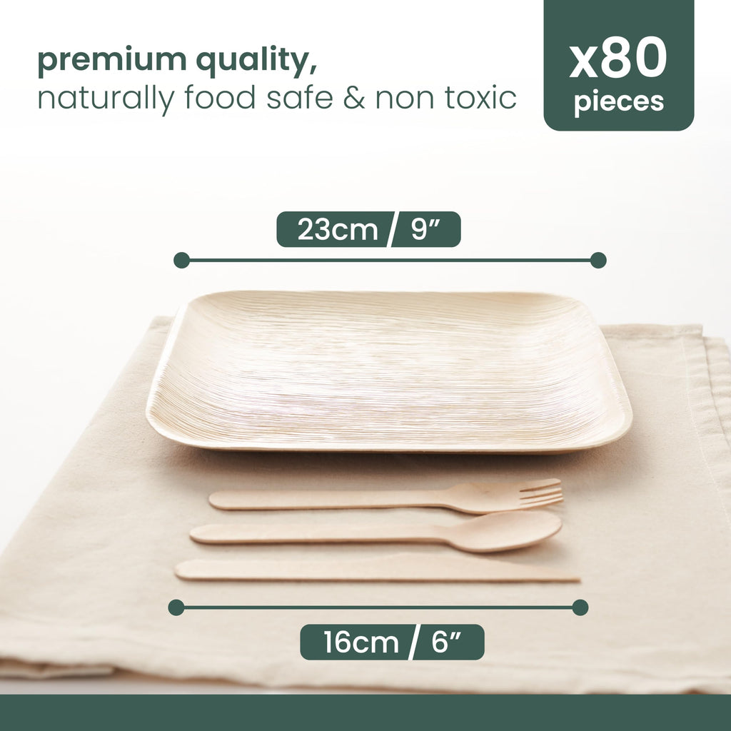 HAAGO 80-Pack 9" Square Palm Leaf Disposable Plates & Cutlery Set for 20 Guests – Compostable Alternative to Paper, Disposable Plastic & Bamboo Plates