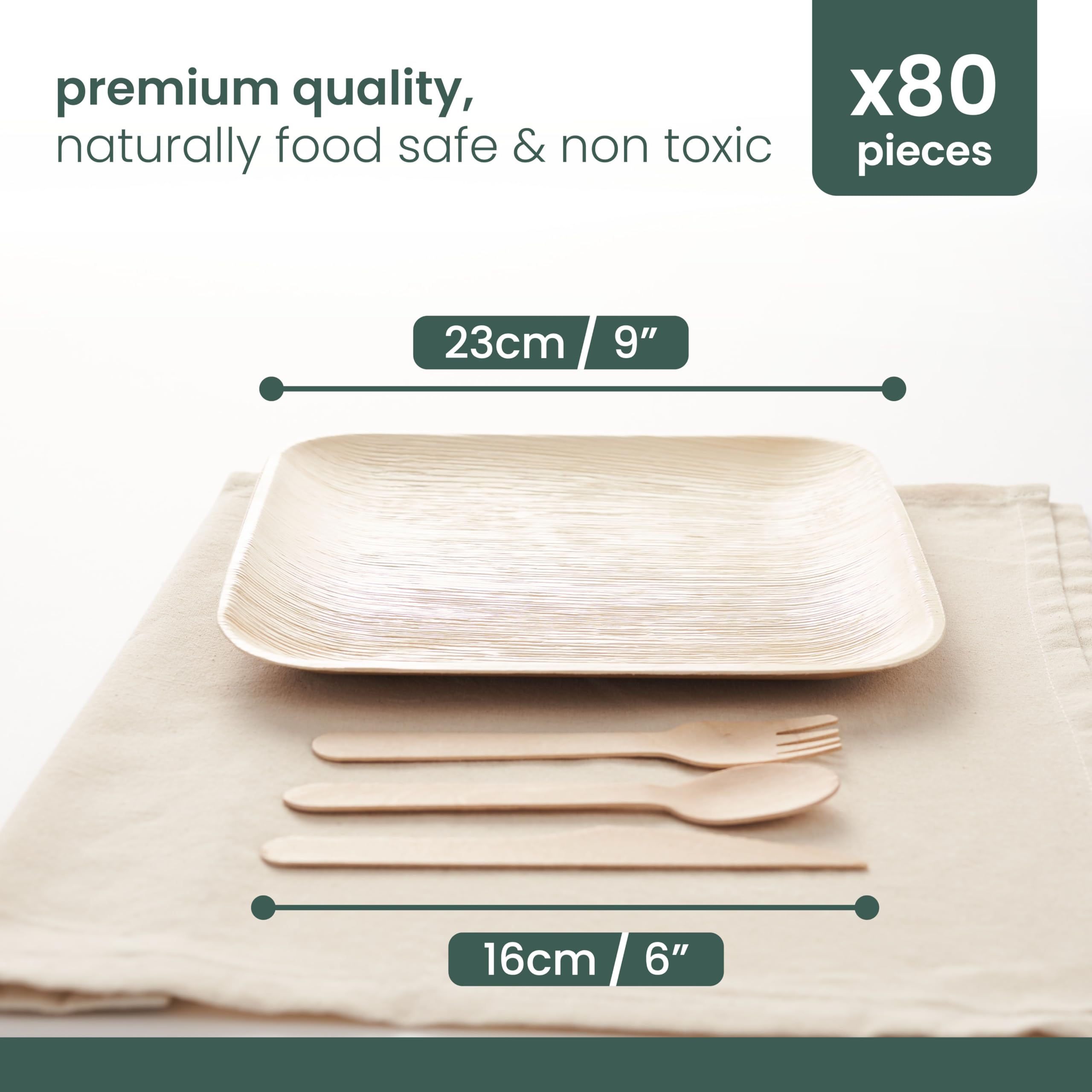 HAAGO 80-Pack 9" Square Palm Leaf Disposable Plates & Cutlery Set for 20 Guests – Compostable Alternative to Paper, Disposable Plastic & Bamboo Plates