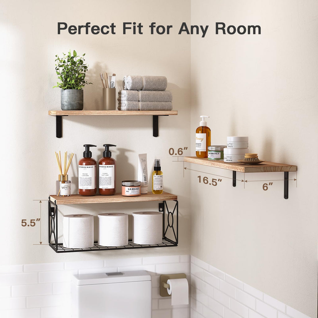AMADA HOMEFURNISHING Bathroom Shelves with Storage Basket, Floating Shelves for Home Organization & Wall Decor, 3 Set Natural Wood Wall Shelf for Bathroom/Bedroom/Kitchen, Natural Wood