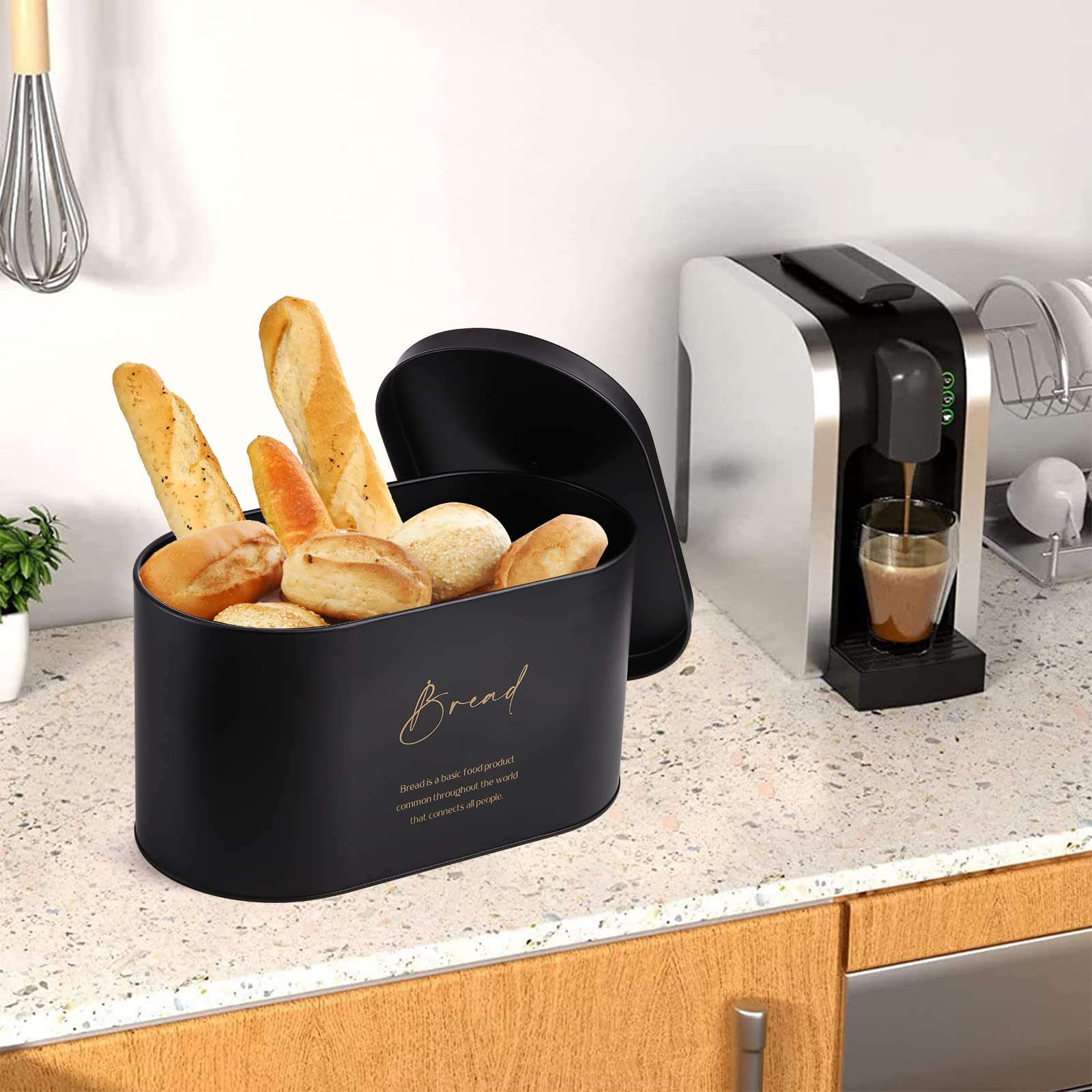 Hacaroa Set of 4 Bread Box and Canister Set for Kitchen Countertop, Metal Bread Bin Sugar Tea Coffee Storage Canister with Lid, Biscuit Tin Set for Loaf, Pastry, Dry Food, Black