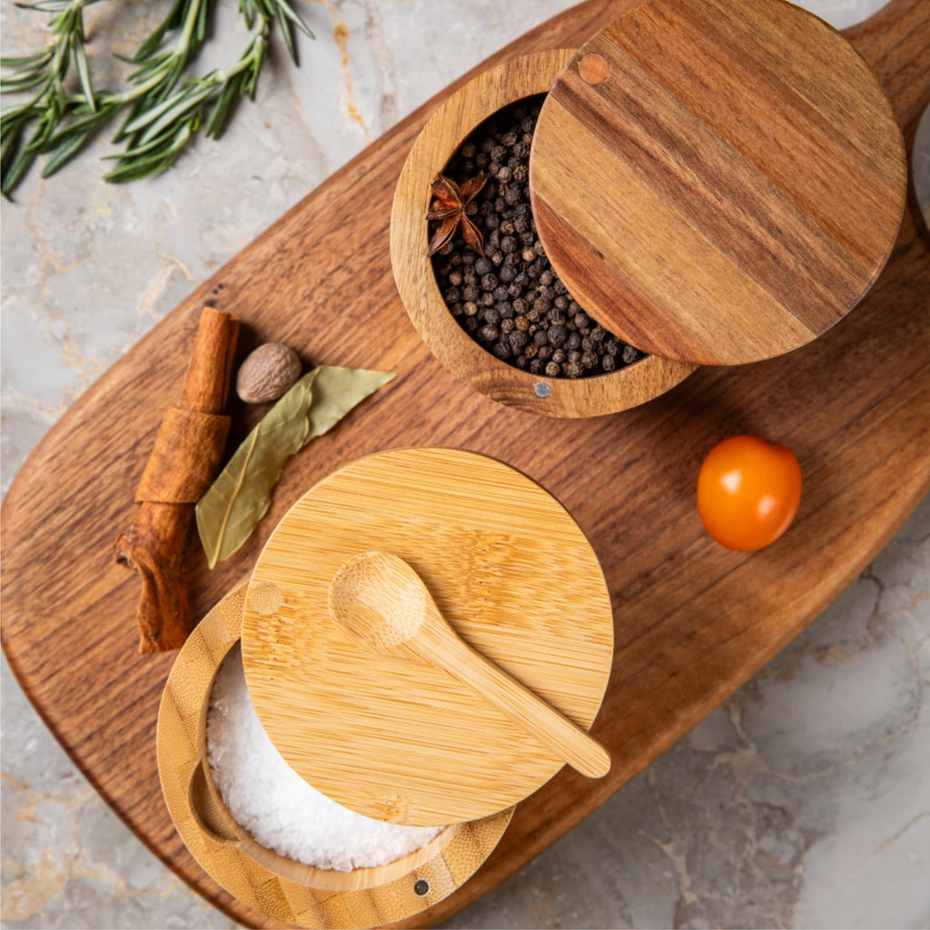 Pochita Global Acacia Wood Salt Cellar Bowl Box with Swivel Magnetic Lid to Avoid Dust, Elegant Kitchen Salt Container Holder with to Storage Pepper Spice Bath Salt Sea Salt, 6OZ（No Spoon）